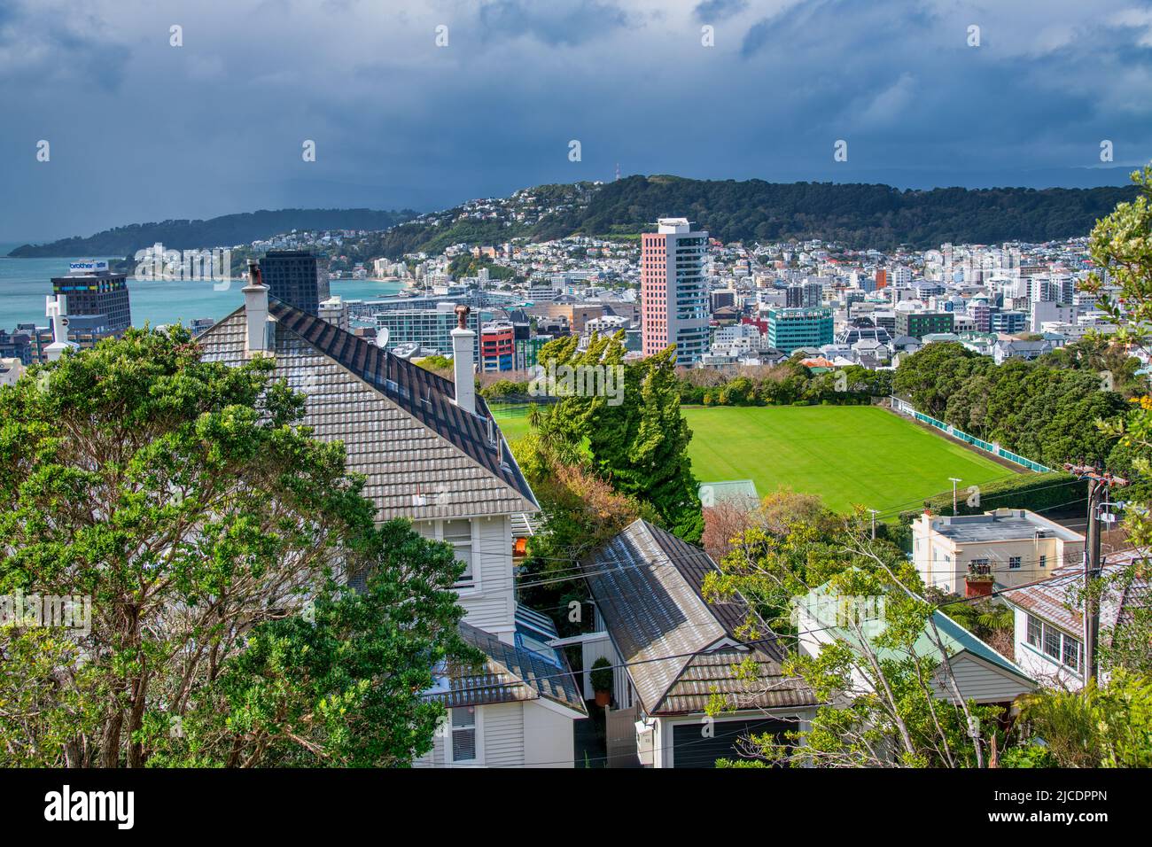 Wellington, New Zealand - September 5, 2018: Aerial view of the city from the top of a hill in spring season. Stock Photo