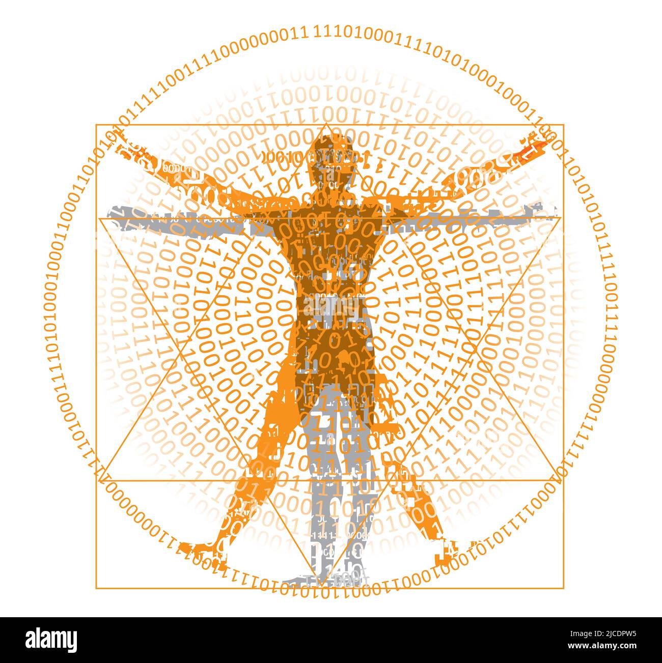 Vitruvian man with binary code, modern variation on the famous symbol. Stylized drawing of vitruvian man with spiral of binary codes.Vector available. Stock Vector