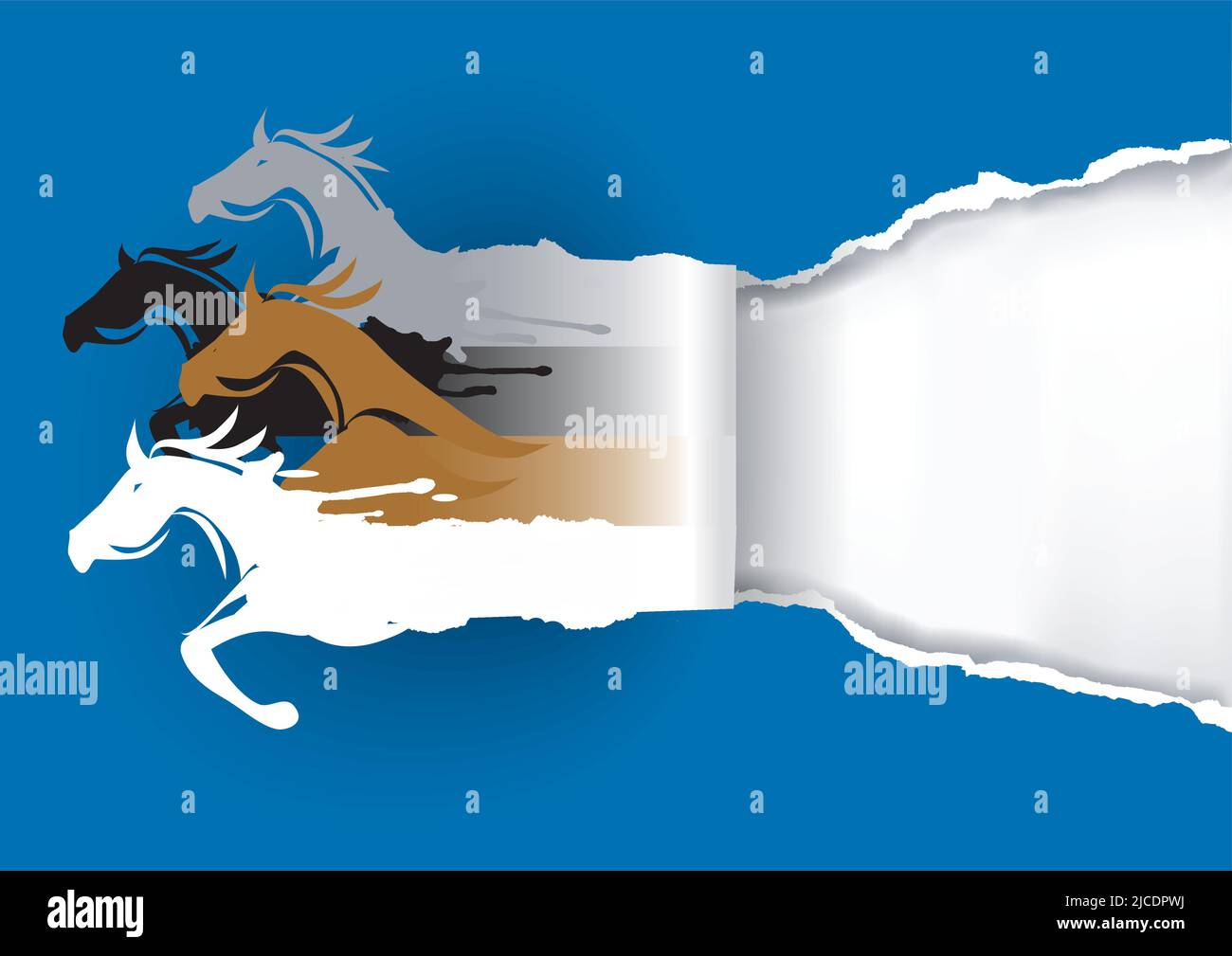 Paper Horses ripping paper. Illustration of four horses silhouettes tearing blue paper background. Banner template. Vector available. Stock Vector