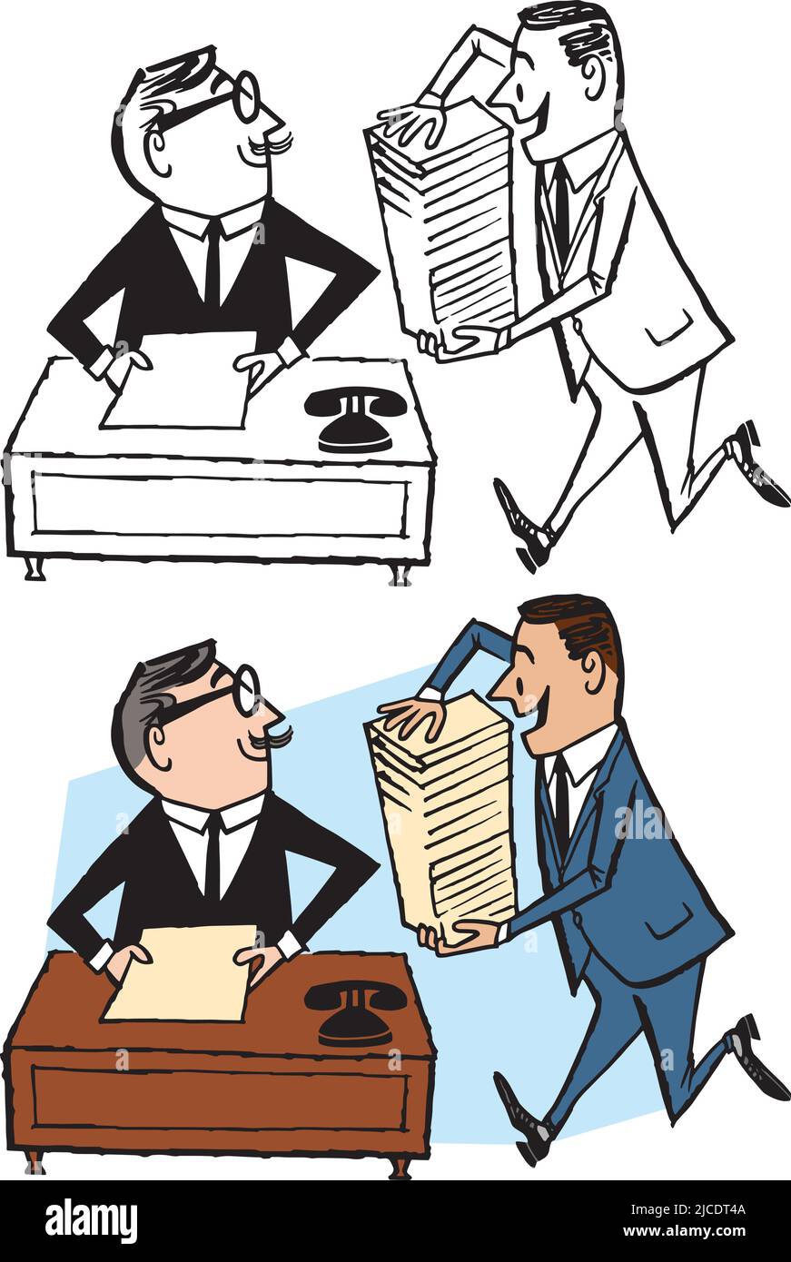 A vintage retro cartoon of a businessman receiving a stack of paperwork from a coworker at his office. Stock Vector
