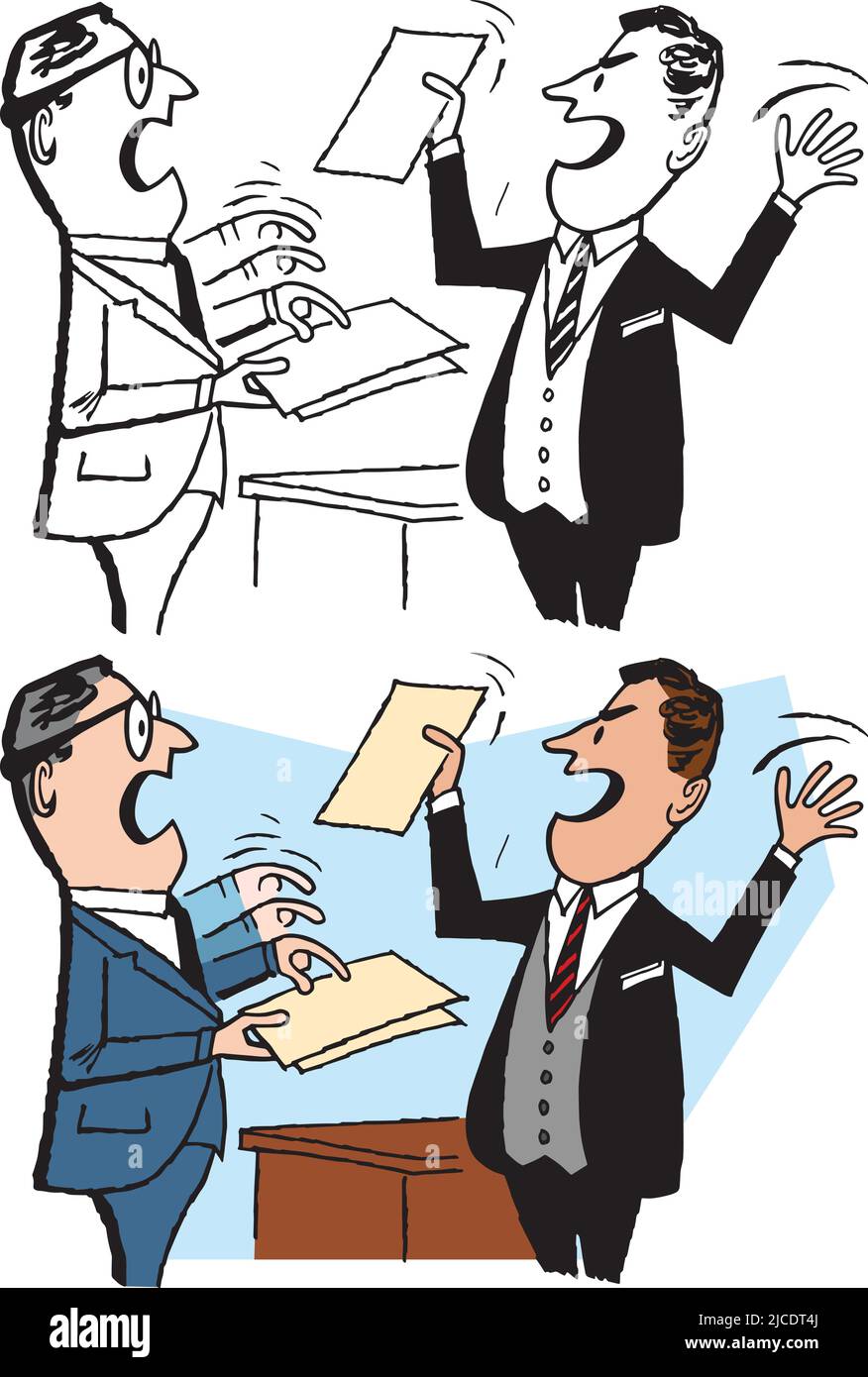 A vintage retro cartoon of two businessmen arguing over paperwork in their office. Stock Vector