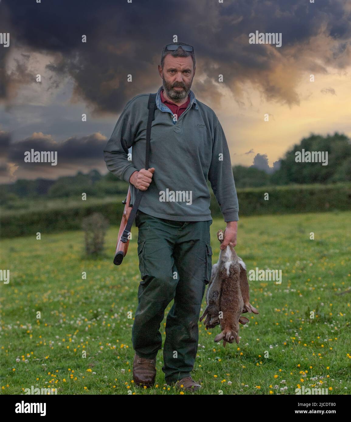 man shooting rabbits Stock Photo