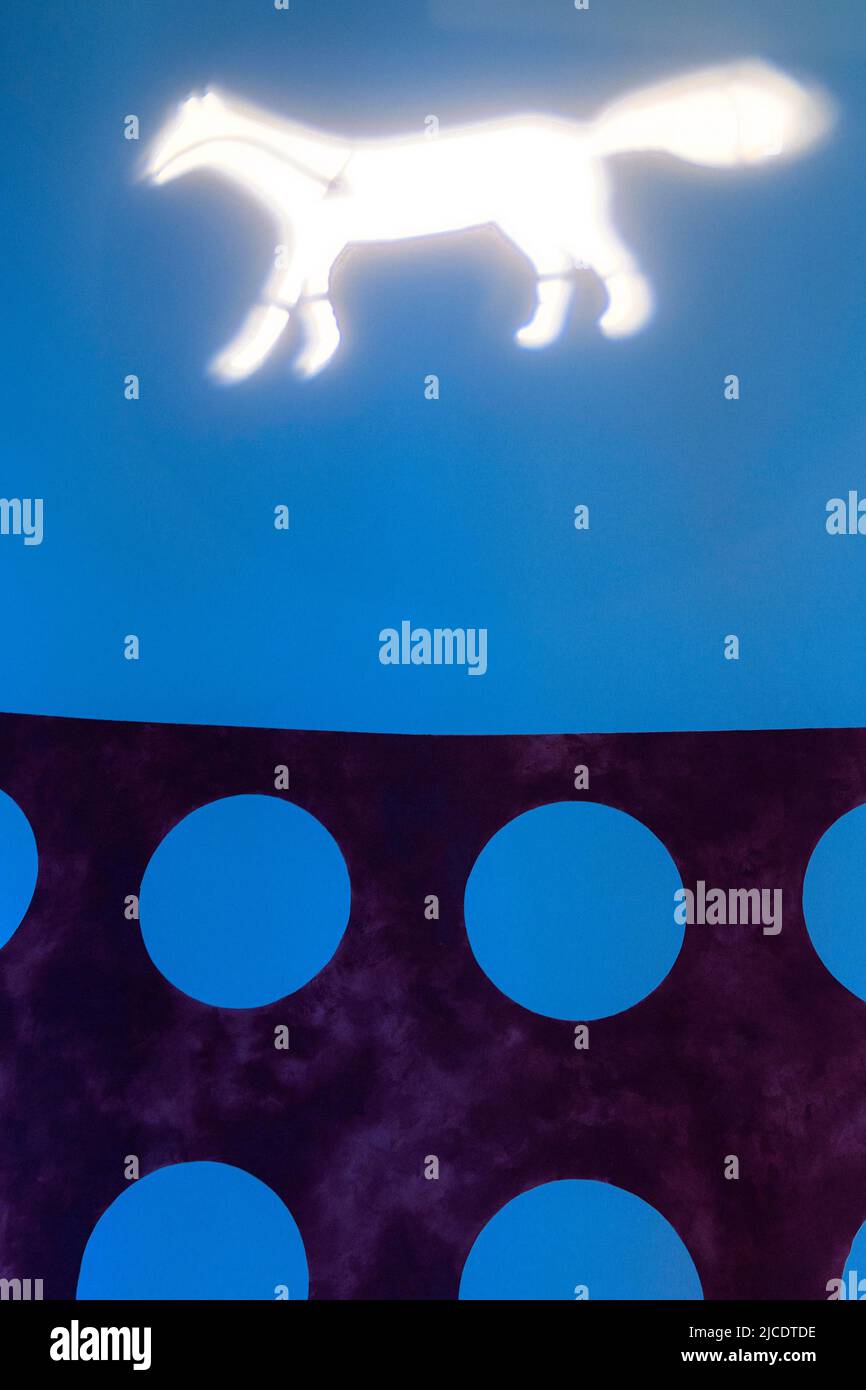 An illuminated coyote depicted on a teepee at the Blackfoot Crossing Historical Park. Siksika Nation Alberta Canada Stock Photo