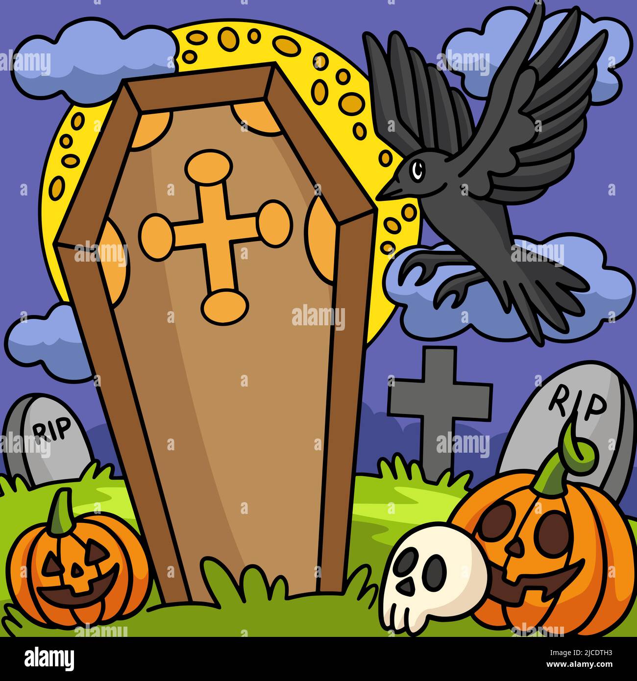 Crow In A Cemetery Halloween Colored Cartoon Stock Vector