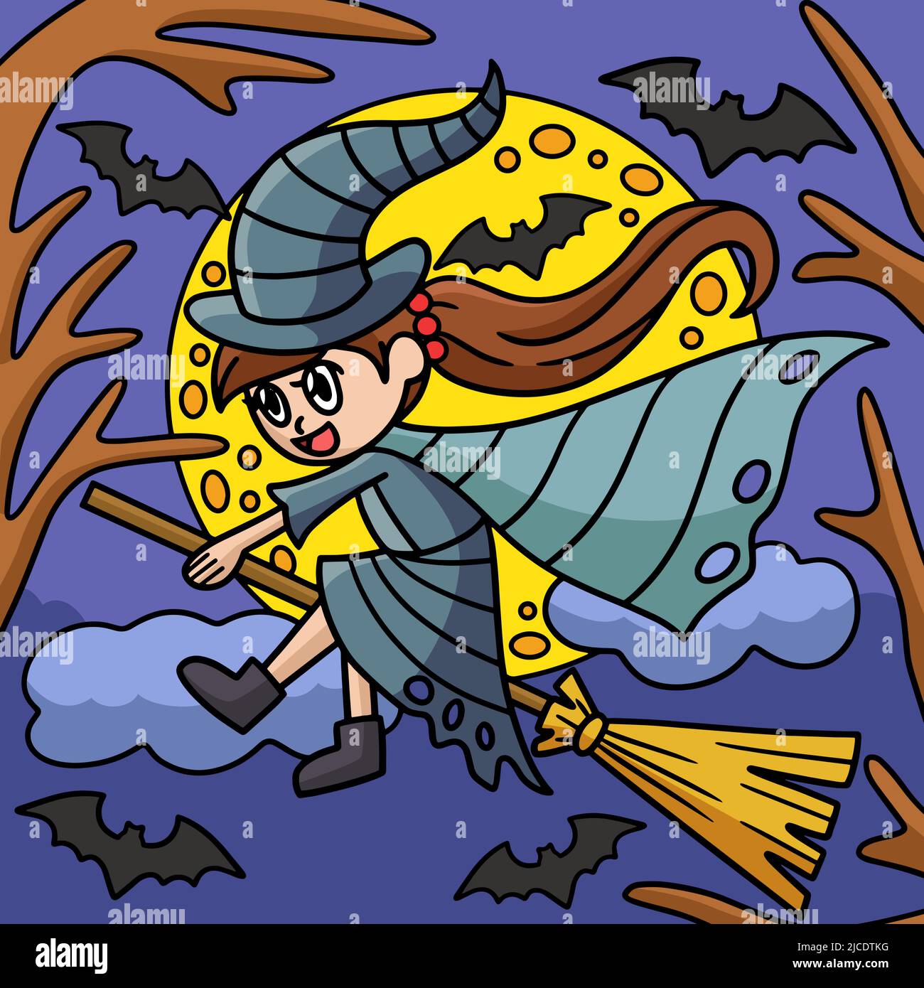 Witch Riding On A Broom Halloween Colored Cartoon Stock Vector Image ...