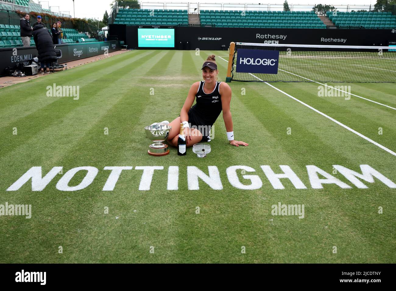 Nottingham Tennis Centre, Nottingham, England: 12th June 2022;  Rothesay Open Nottingham Lawn Tennis tournament; Beatriz Haddad Maia celebrates with both the womens singles and doubles trophys Stock Photo
