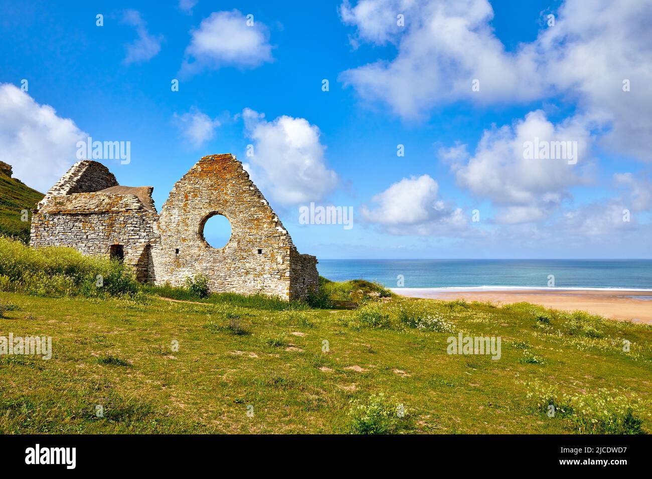 Image of Vielle Eglise, beach, sea and sand dunes.Carteret, Normandy, France Stock Photo