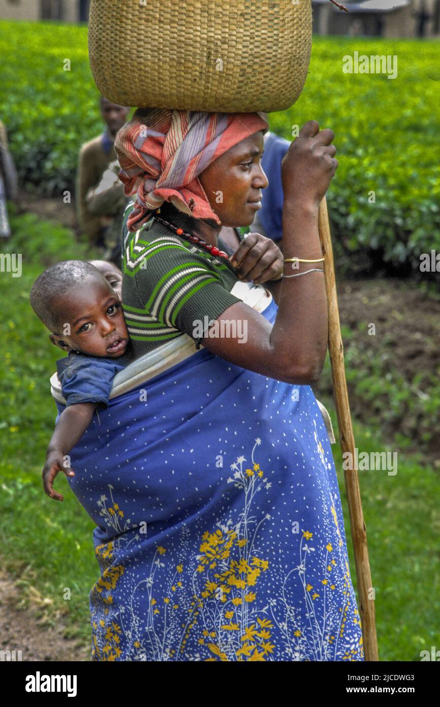 A basket maker carries her wares on her head while on way to the marketplace. Stock Photo