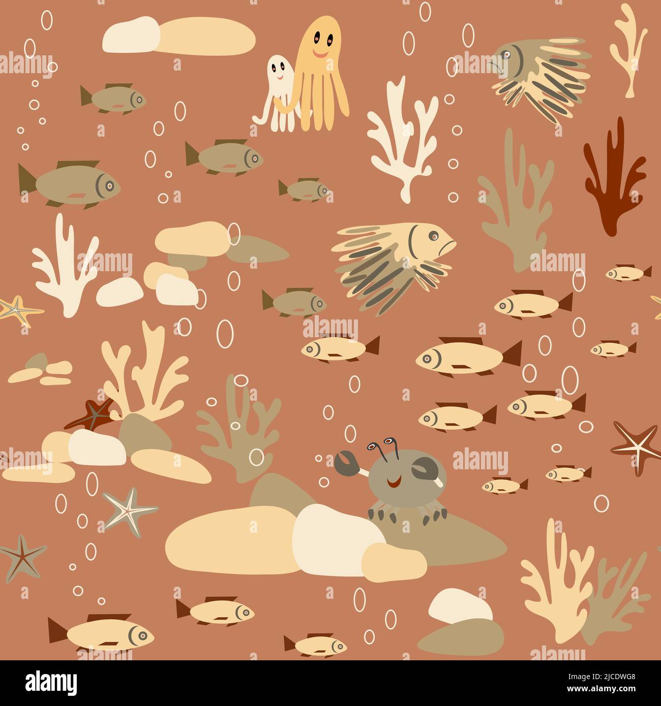 multicolored starfish and crabs on rocks seamless pattern without background Stock Vector