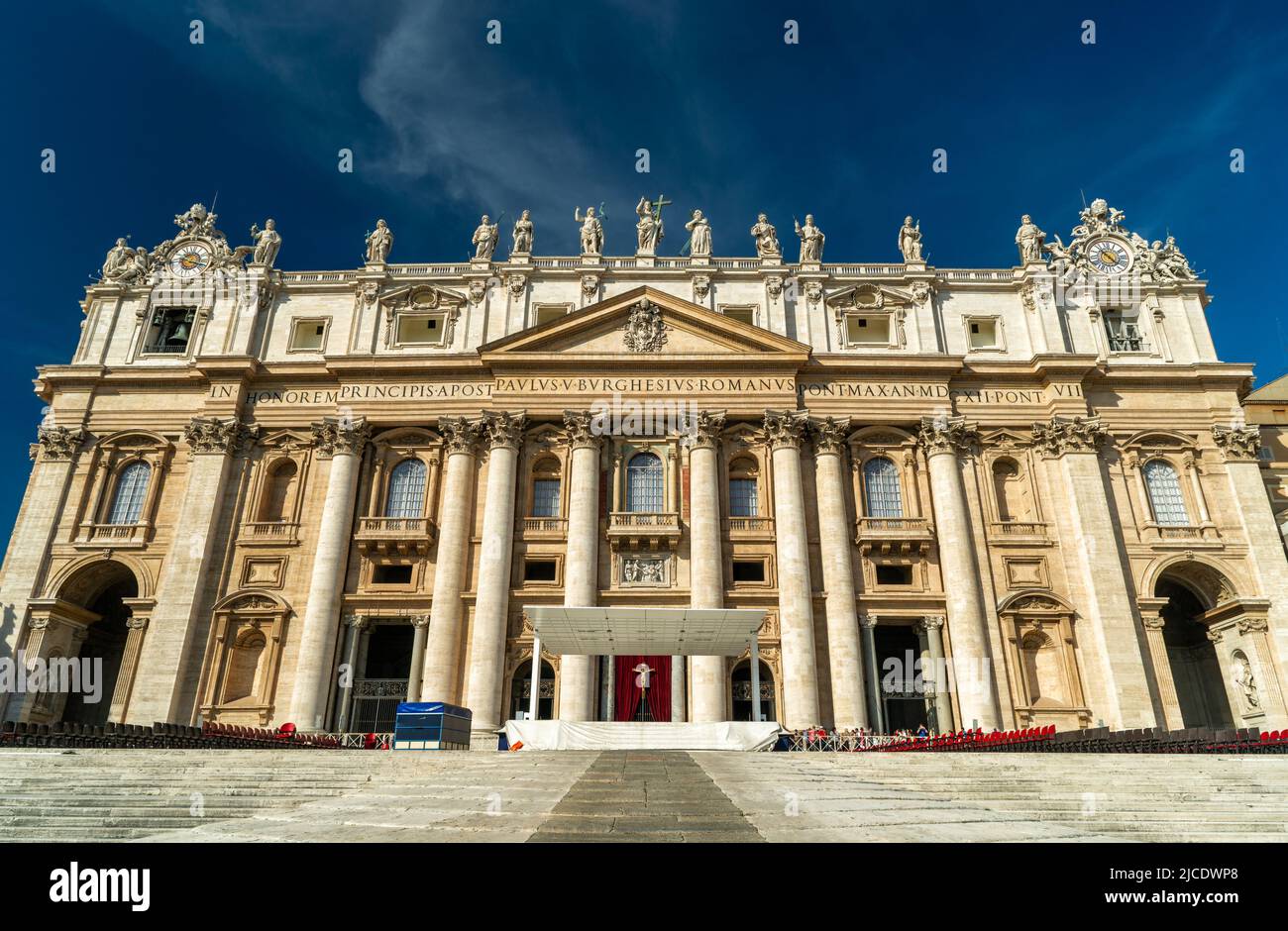 St Peter's Basilica in Vatican, Rome, Italy. San Pietro Cathedral is famous landmark of Rome. Front view of stairway to Catholic church. Concept of Va Stock Photo