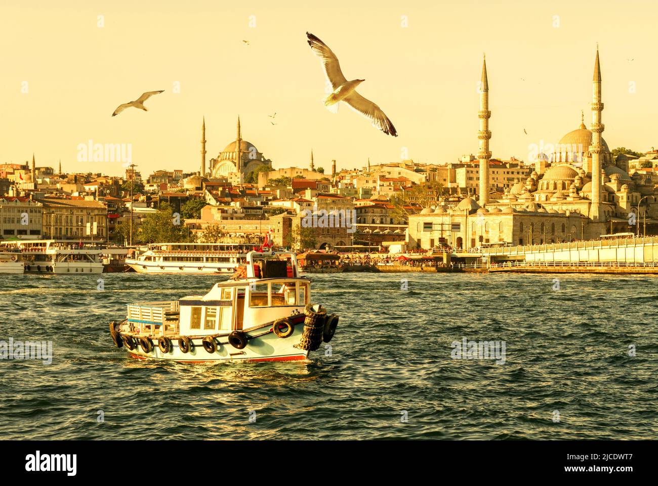 Istanbul in summer, Turkey. Boat sails on the Golden Horn, sunny view of old Istanbul town with mosques and seagulls. Concept of tourism in Istanbul c Stock Photo