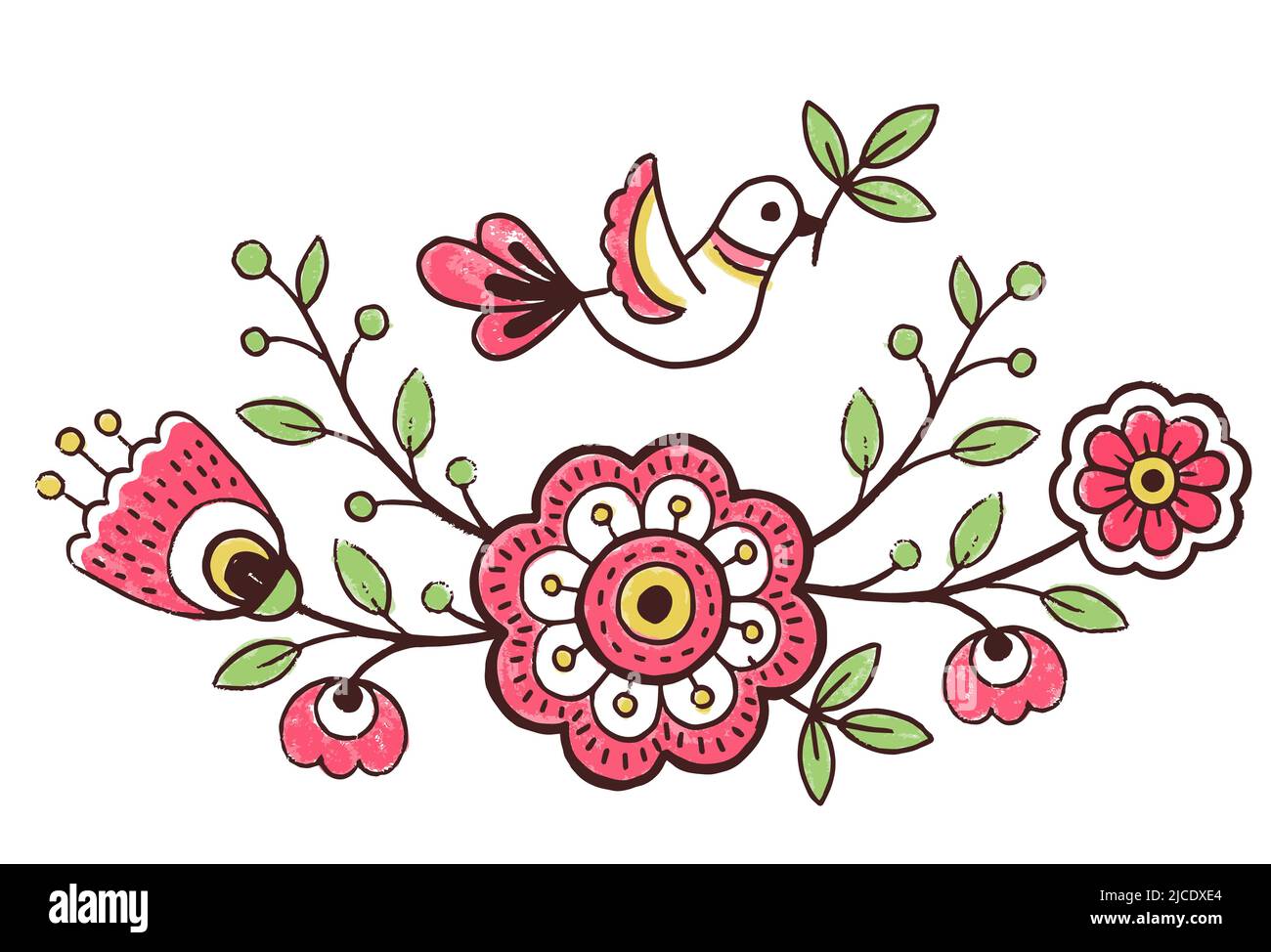 Vector pattern design in the styles of Ukrainian folk traditional embroidery. Hand draw flowers elements, foliage and birds Stock Vector