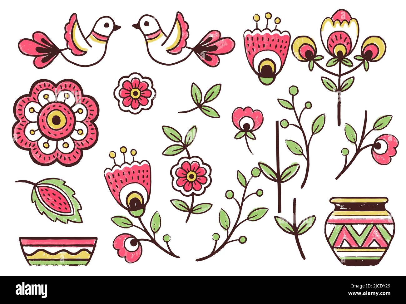 Vector set elements. Pattern design in the styles of Ukrainian folk traditional embroidery. Hand draw flowers elements, foliage and birds Stock Vector