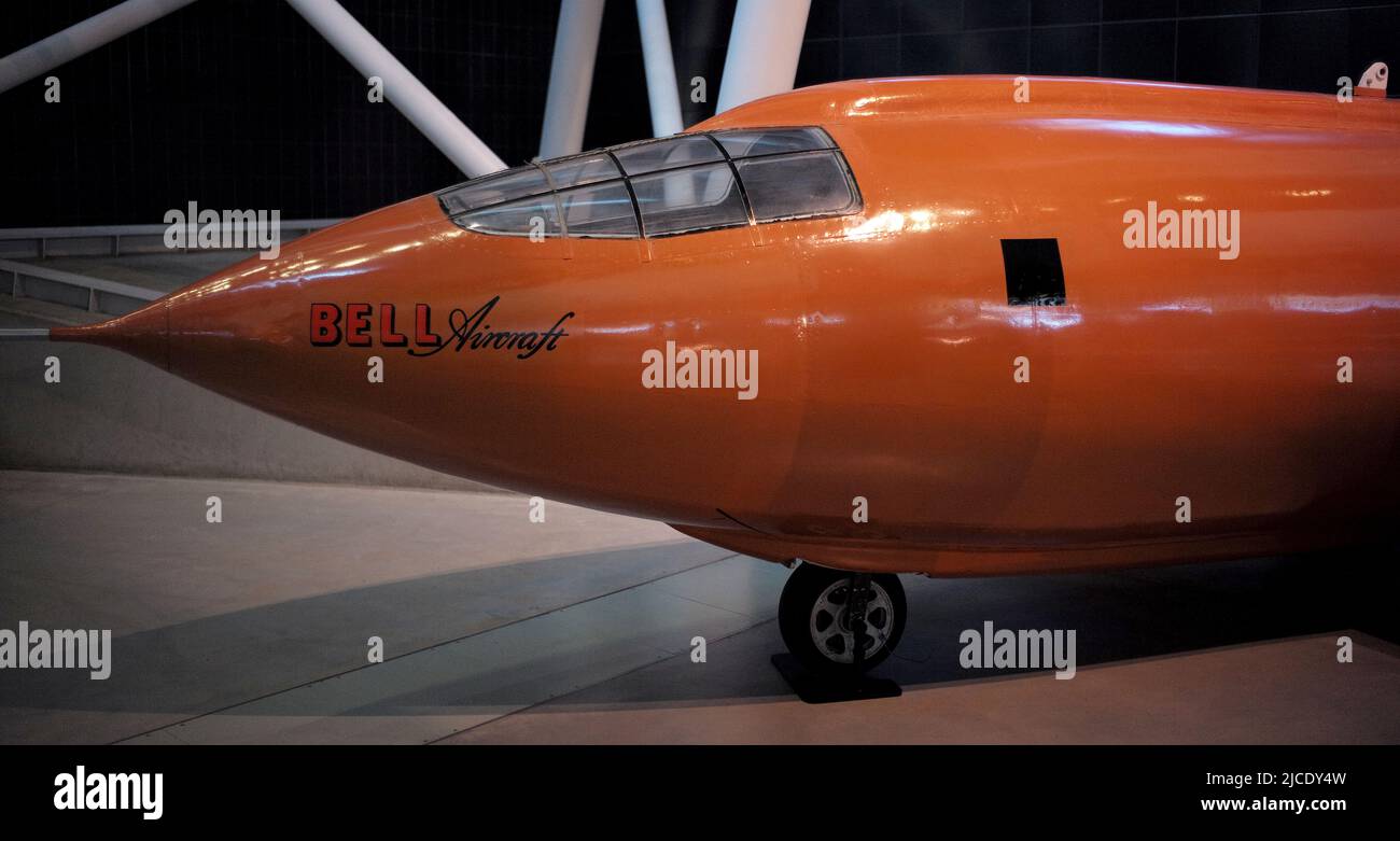 The Bell X-1 'Glamorous Glennis' flown by General Chuck Yeager to break the sound barrier is seen at the Steven F. Udvar-Hazy Center in Virginia. Stock Photo