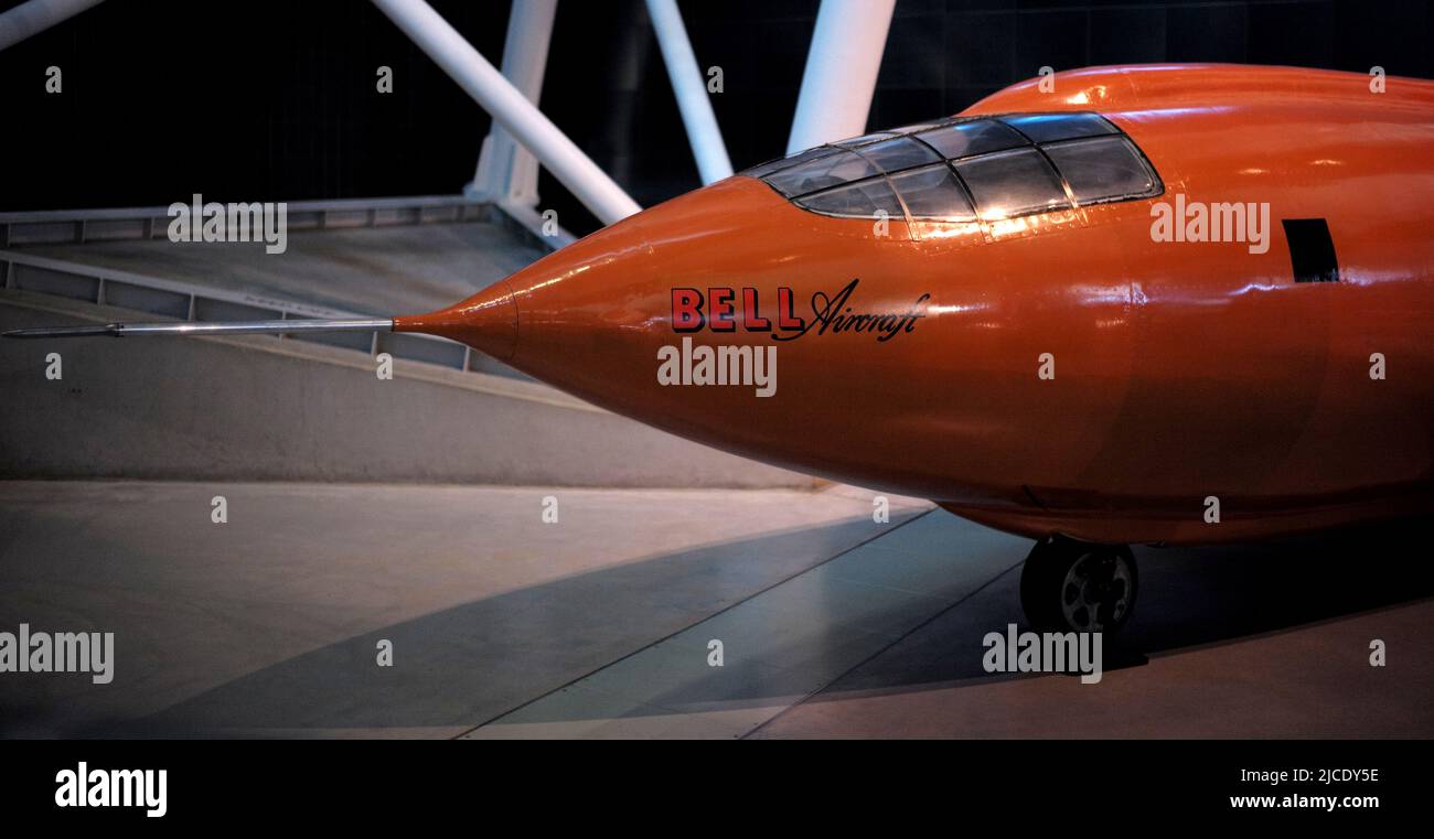 The Bell X-1 'Glamorous Glennis' flown by General Chuck Yeager to break the sound barrier is seen at the Steven F. Udvar-Hazy Center in Virginia. Stock Photo