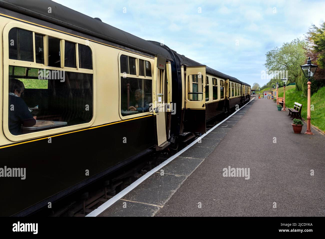 Vintage steam train of the Gloucestershire Warwickshire Steam Railway at The Old station House, Broadway, Gloucestershire, England, United Kingdom. Stock Photo
