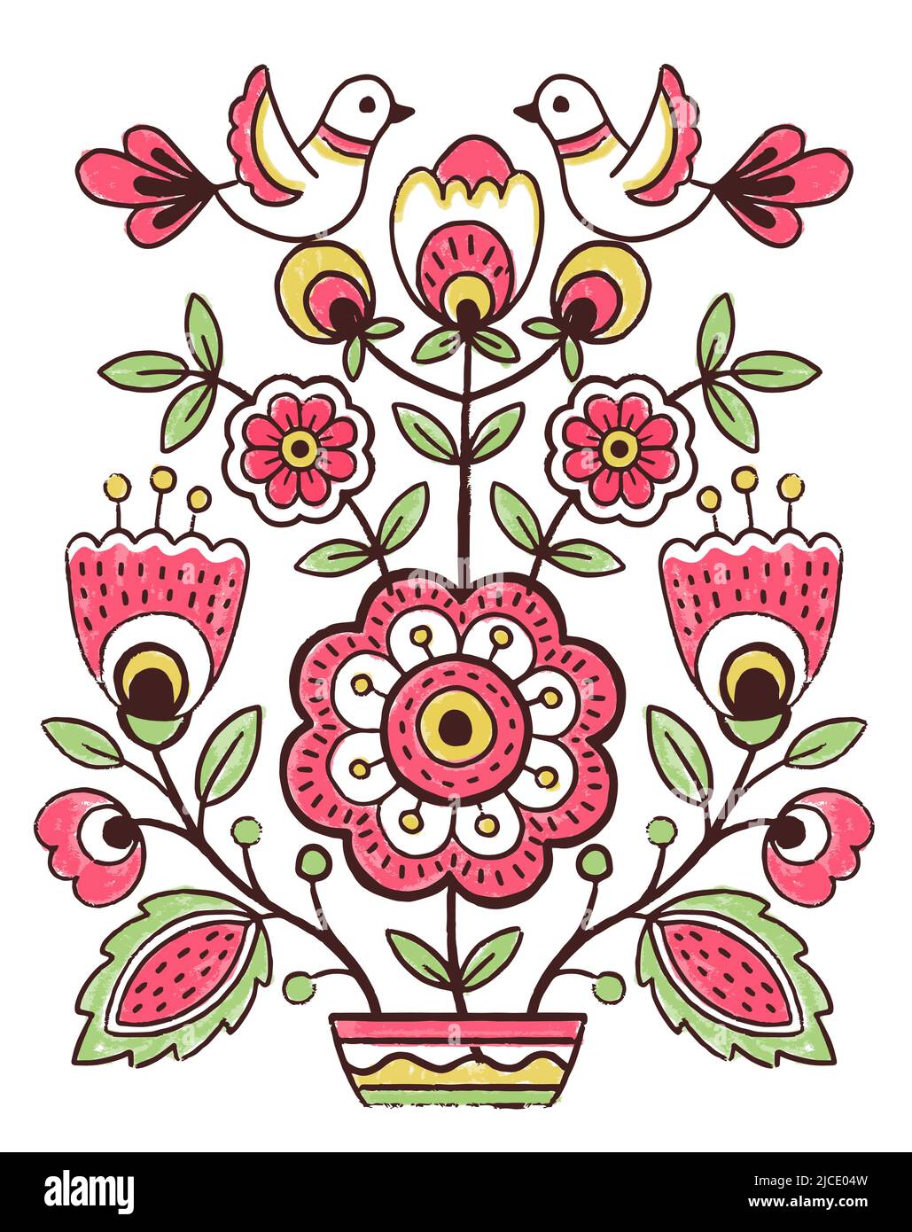Vector pattern design in the styles of Ukrainian folk traditional embroidery tree of life. Flowers elements, foliage and birds Stock Vector