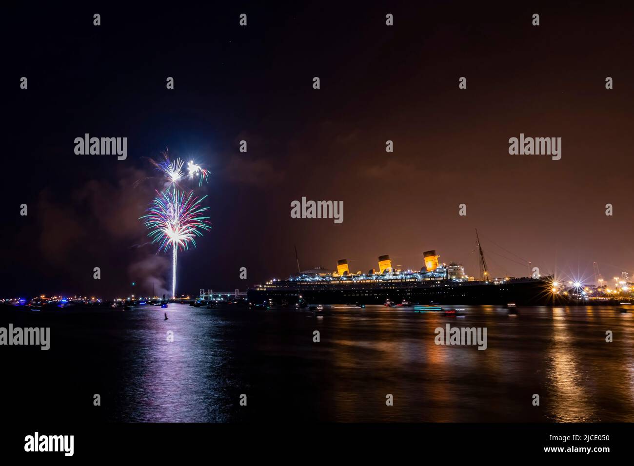 Fireworks celebration of July 4th at Long beach with Queen Mary at