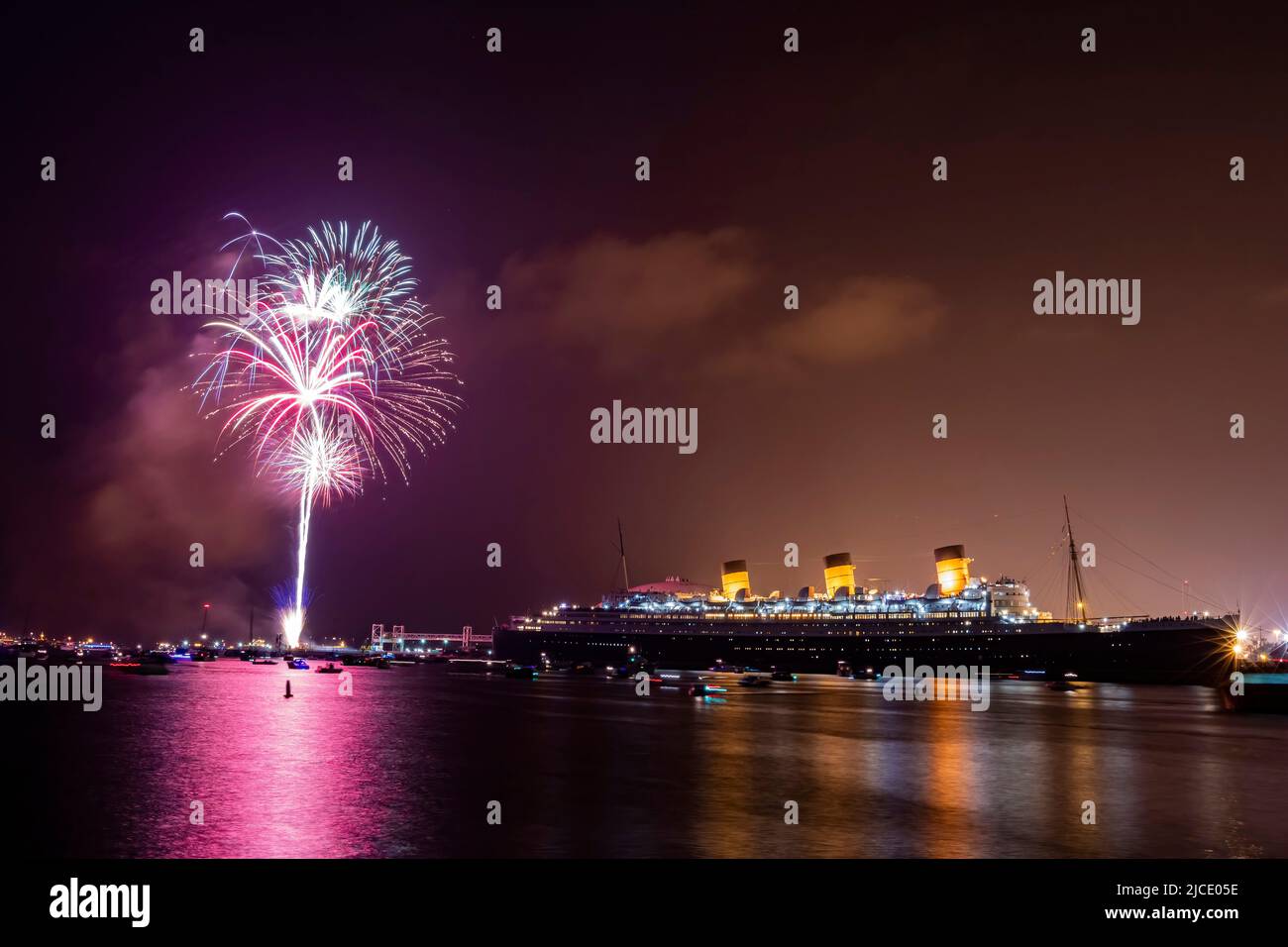Fireworks celebration of July 4th at Long beach with Queen Mary at