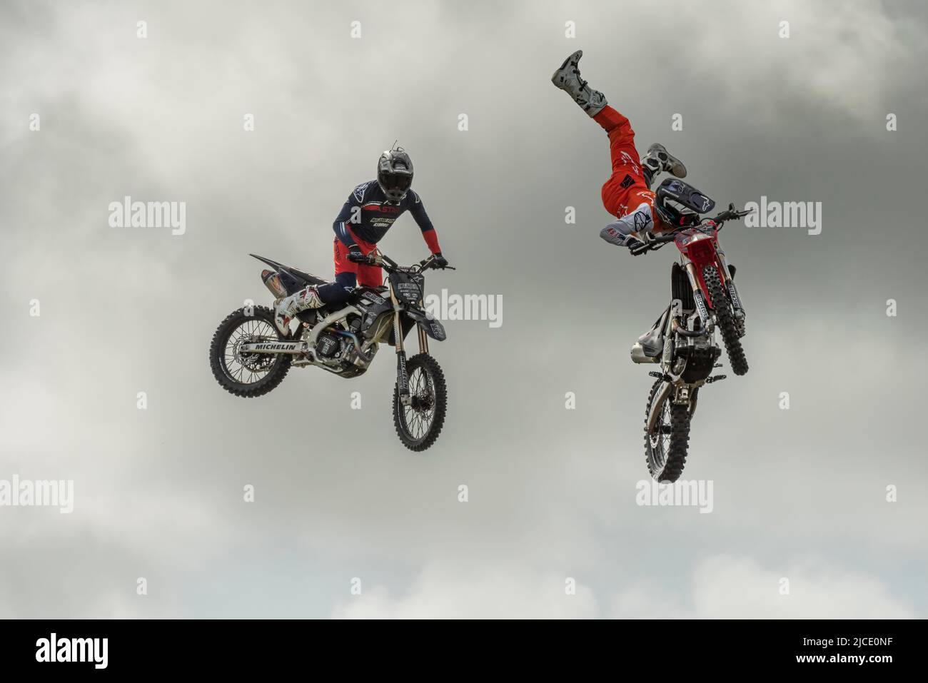 The Bolddog FMX Freestyle Motocross Team performing in the main arena at The Royal Cornwall Show 2022. Stock Photo