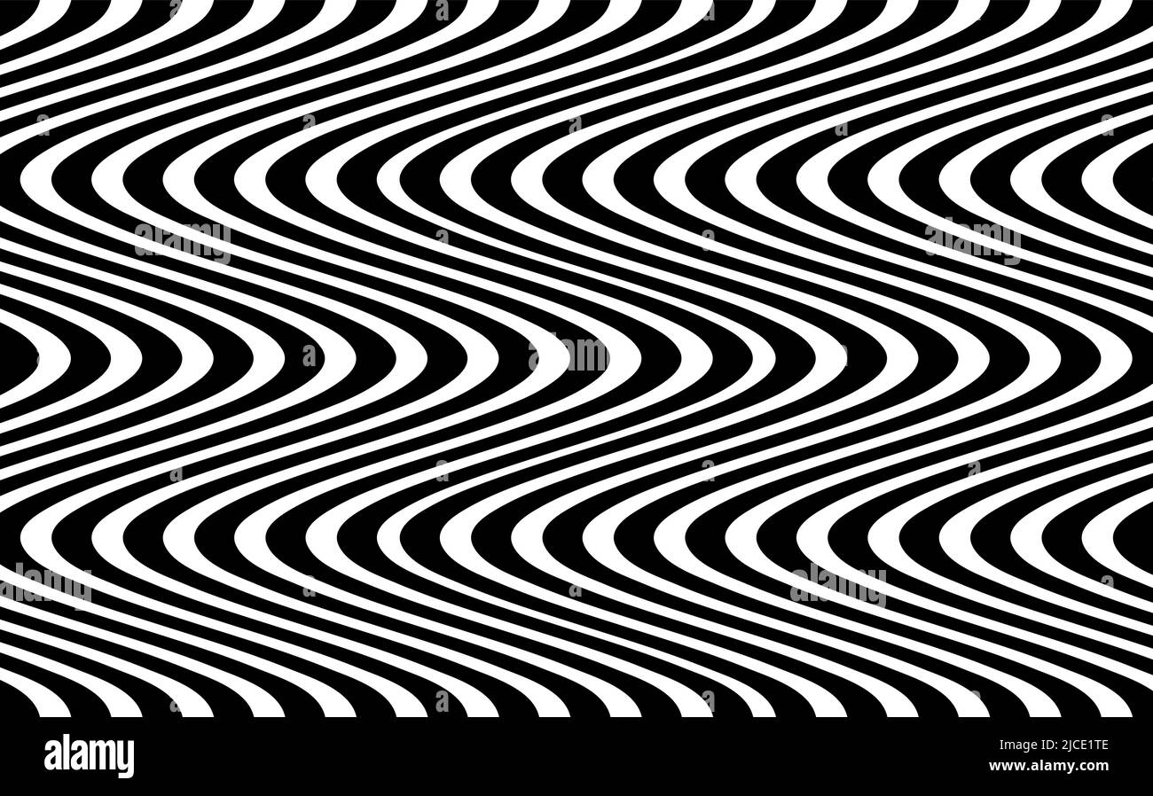 Psychedelic lines. Abstract pattern. Texture with wavy banner, curves stripes. Optical art background. Wave black and white design, Vector Stock Vector