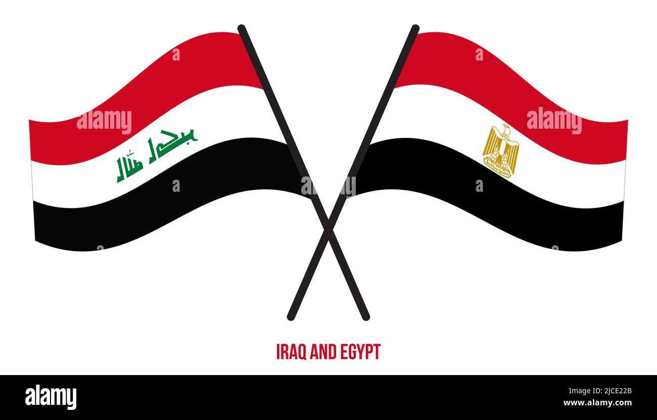 Iraq and Egypt Flags Crossed And Waving Flat Style. Official Proportion. Correct Colors. Stock Photo