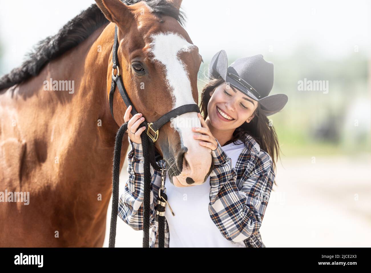 Woman with passion for horses holds and strokes the nose of a horse standing close to it. Stock Photo
