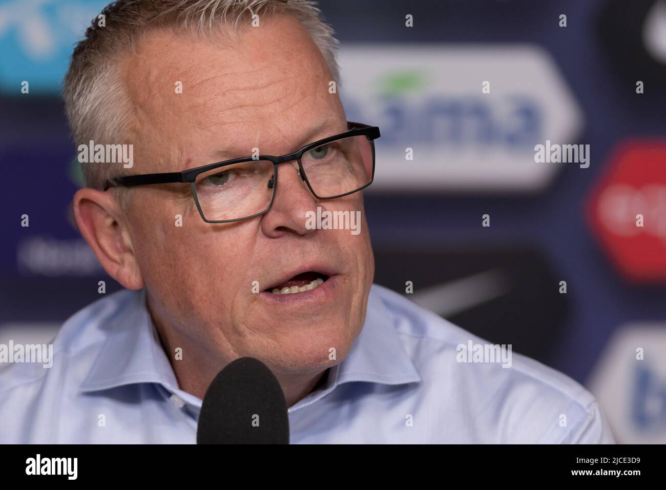 Oslo, Norway 12 June 2022, Manager Janne Andersson of Sweden speaks at the press conference during the UEFA nations league group H match between Norway and Sweden at Ullevaal Stadion in Oslo, Norway. credit: Nigel Waldron/Alamy Live News Stock Photo