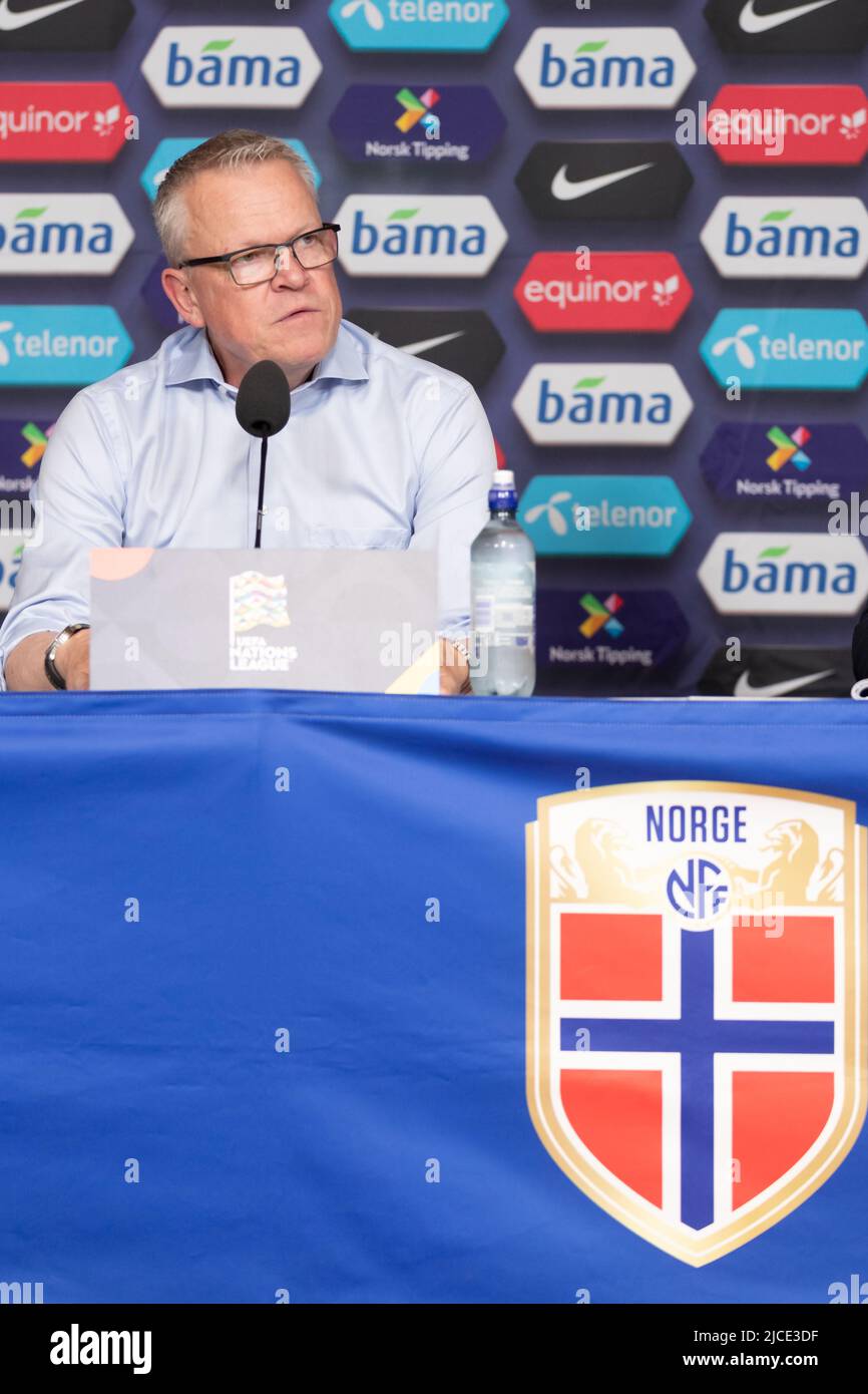 Oslo, Norway 12 June 2022, Manager Janne Andersson of Sweden speaks at the press conference during the UEFA nations league group H match between Norway and Sweden at Ullevaal Stadion in Oslo, Norway. credit: Nigel Waldron/Alamy Live News at the Ullevaal Stadion in Oslo, Norway. credit: Nigel Waldron/Alamy Live News Stock Photo