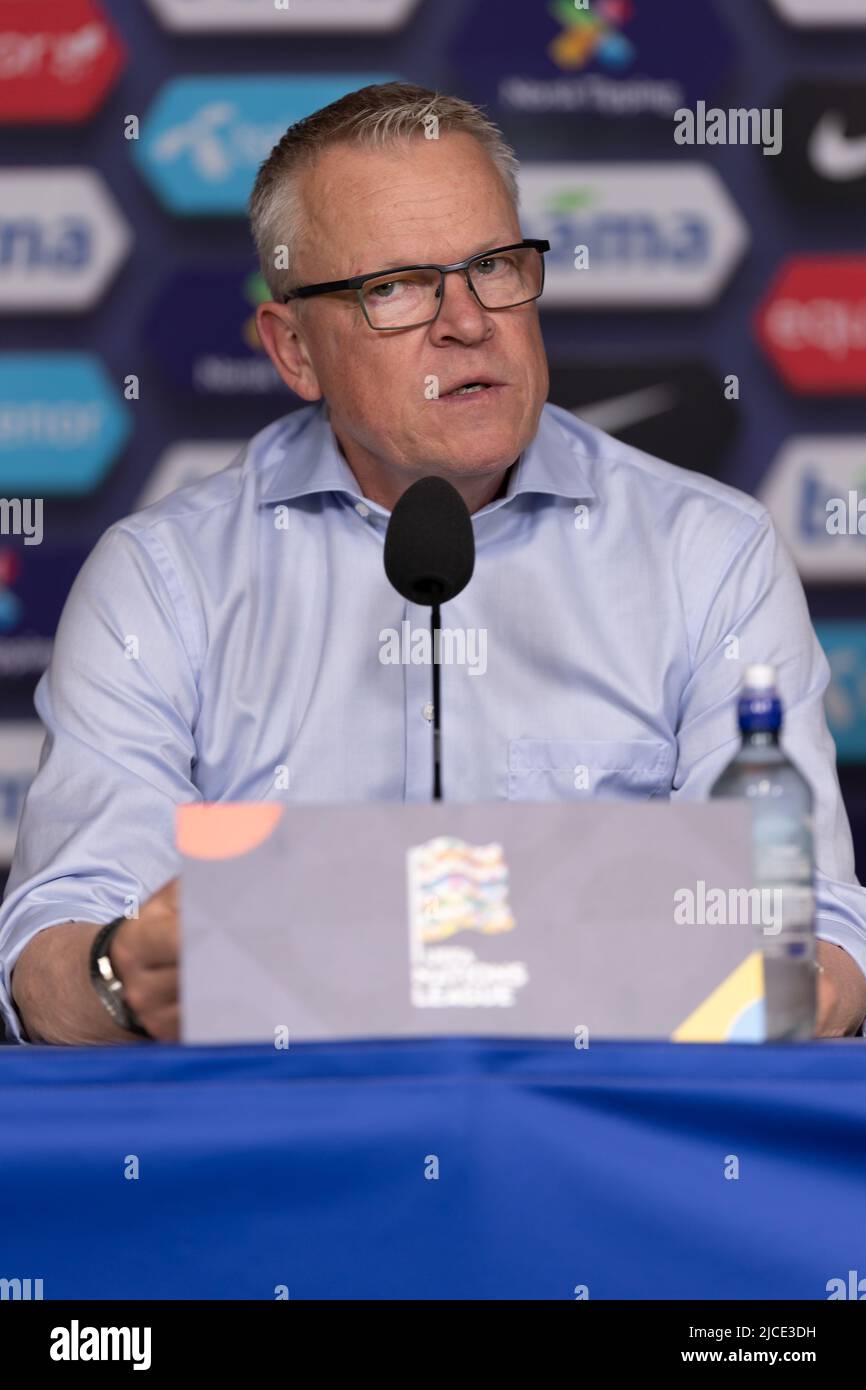 Oslo, Norway 12 June 2022, Manager Janne Andersson of Sweden speaks at the press conference during the UEFA nations league group H match between Norway and Sweden at the Ullevaal Stadion in Oslo, Norway. credit: Nigel Waldron/Alamy Live News Stock Photo