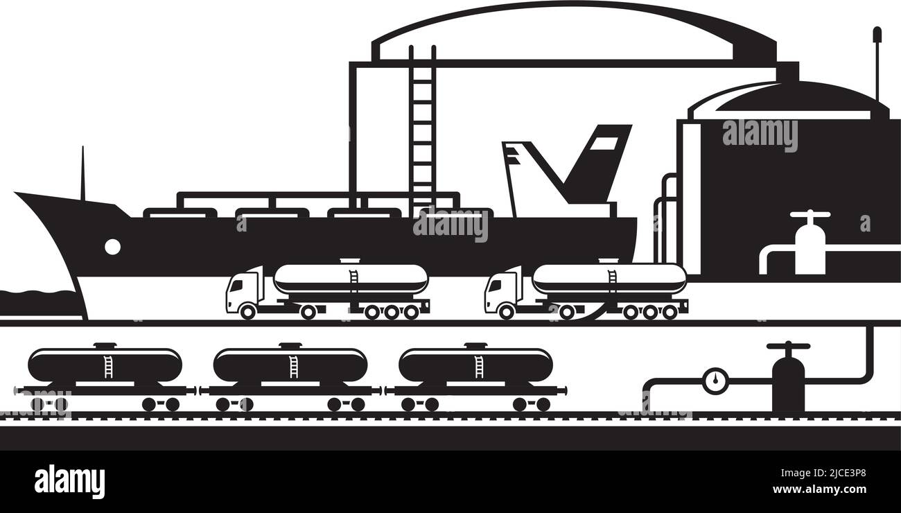 Tanker and cisterns at oil terminal - vector illustration Stock Vector