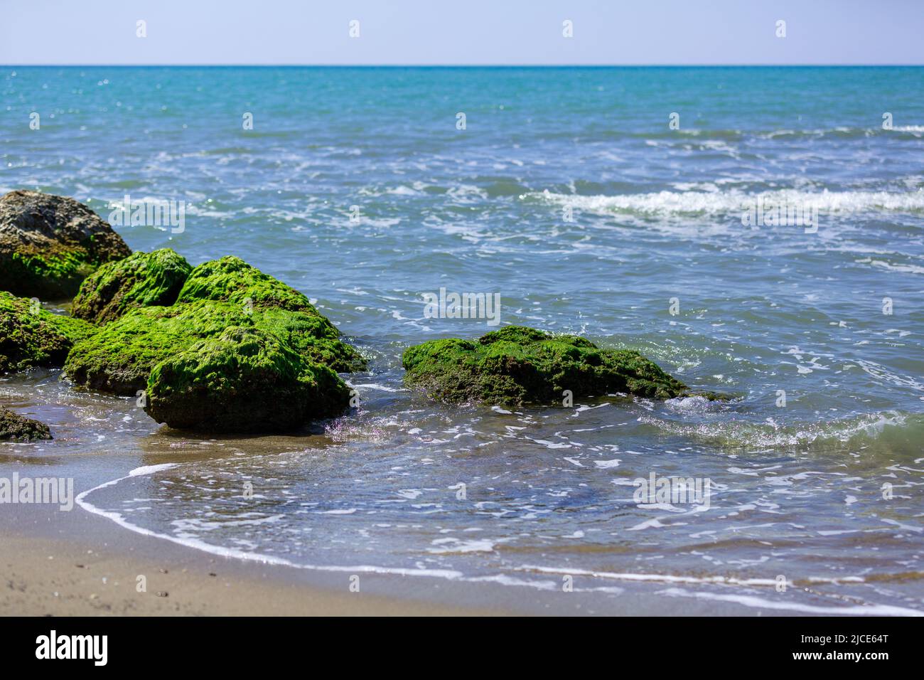 Seaside rocks covered with moss in Antalya - Turkey Stock Photo