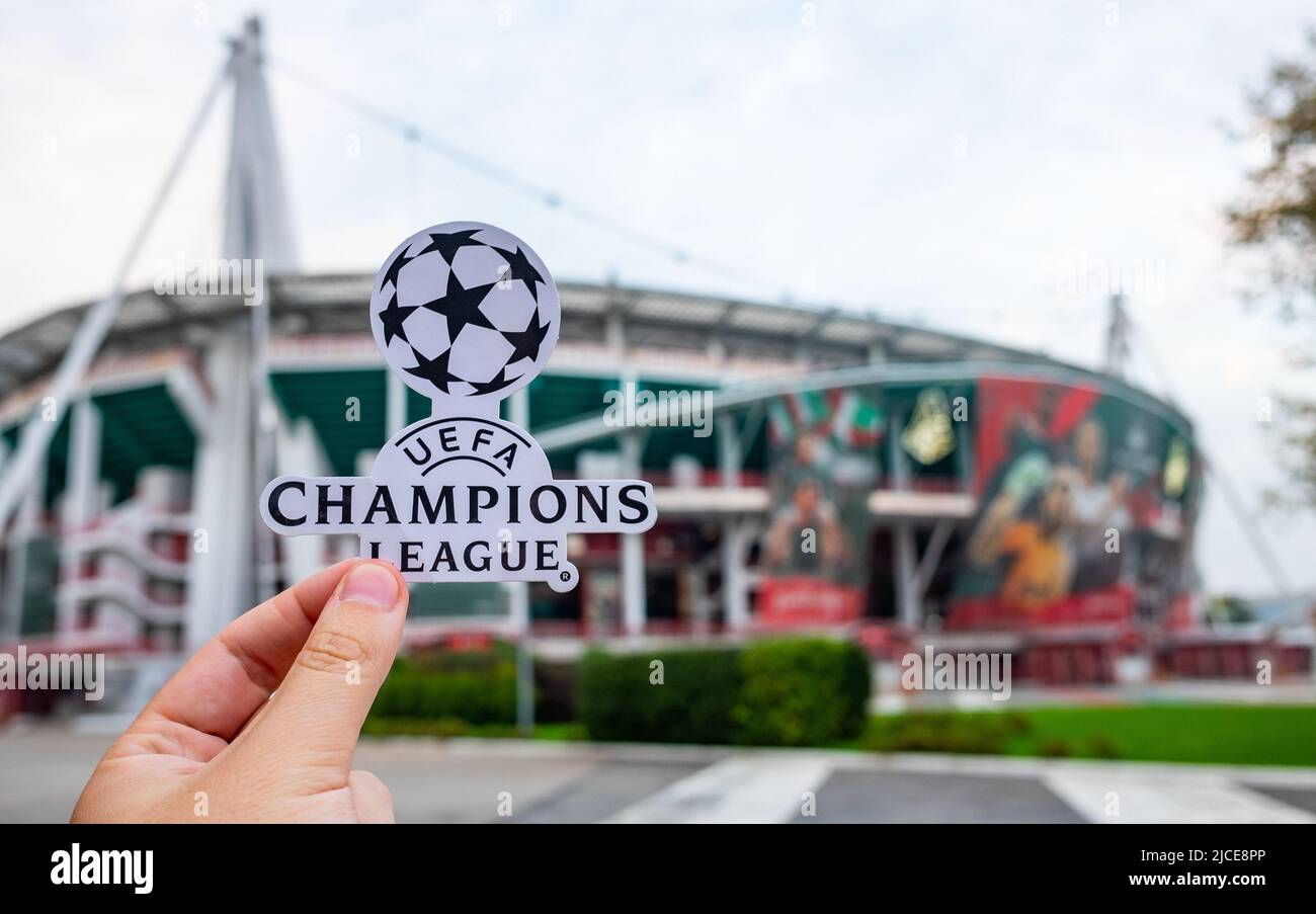 August 30, 2021, Moscow, Russia. The UEFA Champions League emblem in front of the Lokomotiv stadium in Cherkizovo. Stock Photo