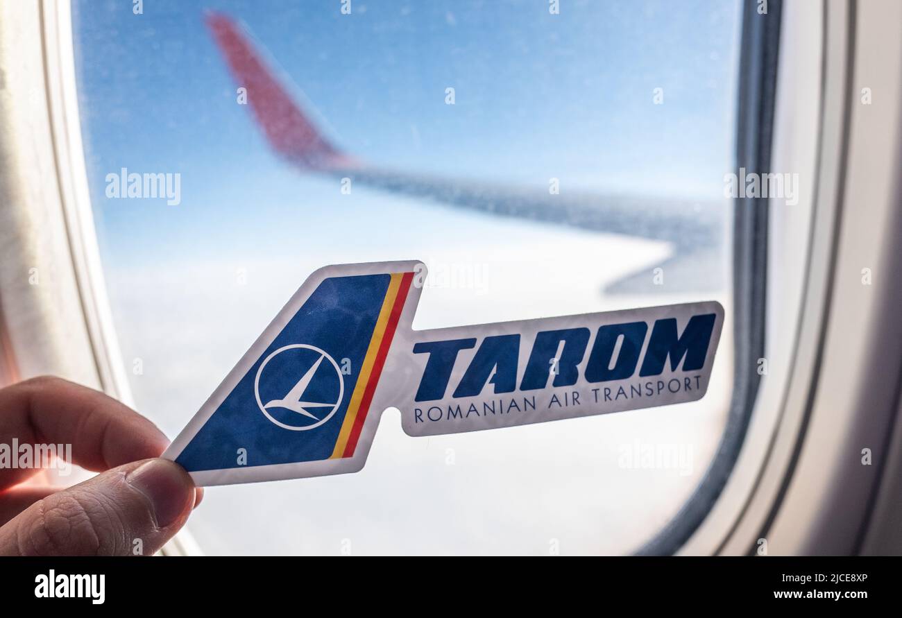 December 6, 2021, Bucharest, Romania. The emblem of the airline TAROM ...
