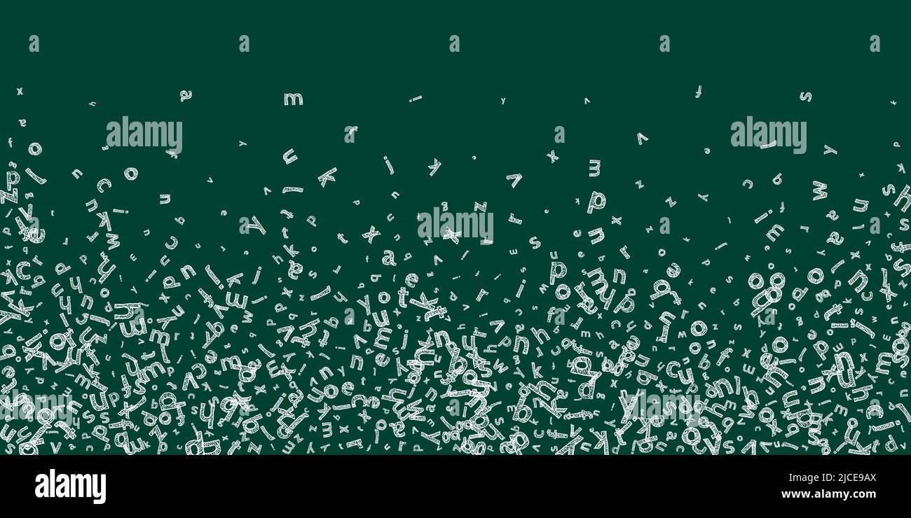 Falling letters of English language. Sketch chalk flying words of Latin ...