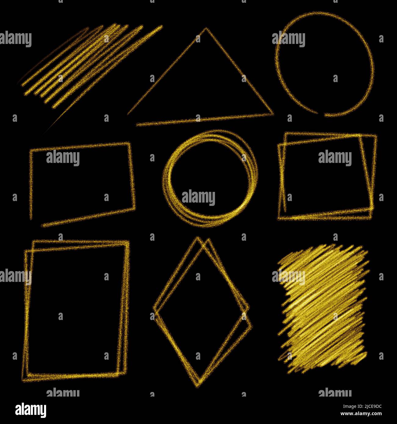 Golden frames. Illustration of different shapes and lines on a black