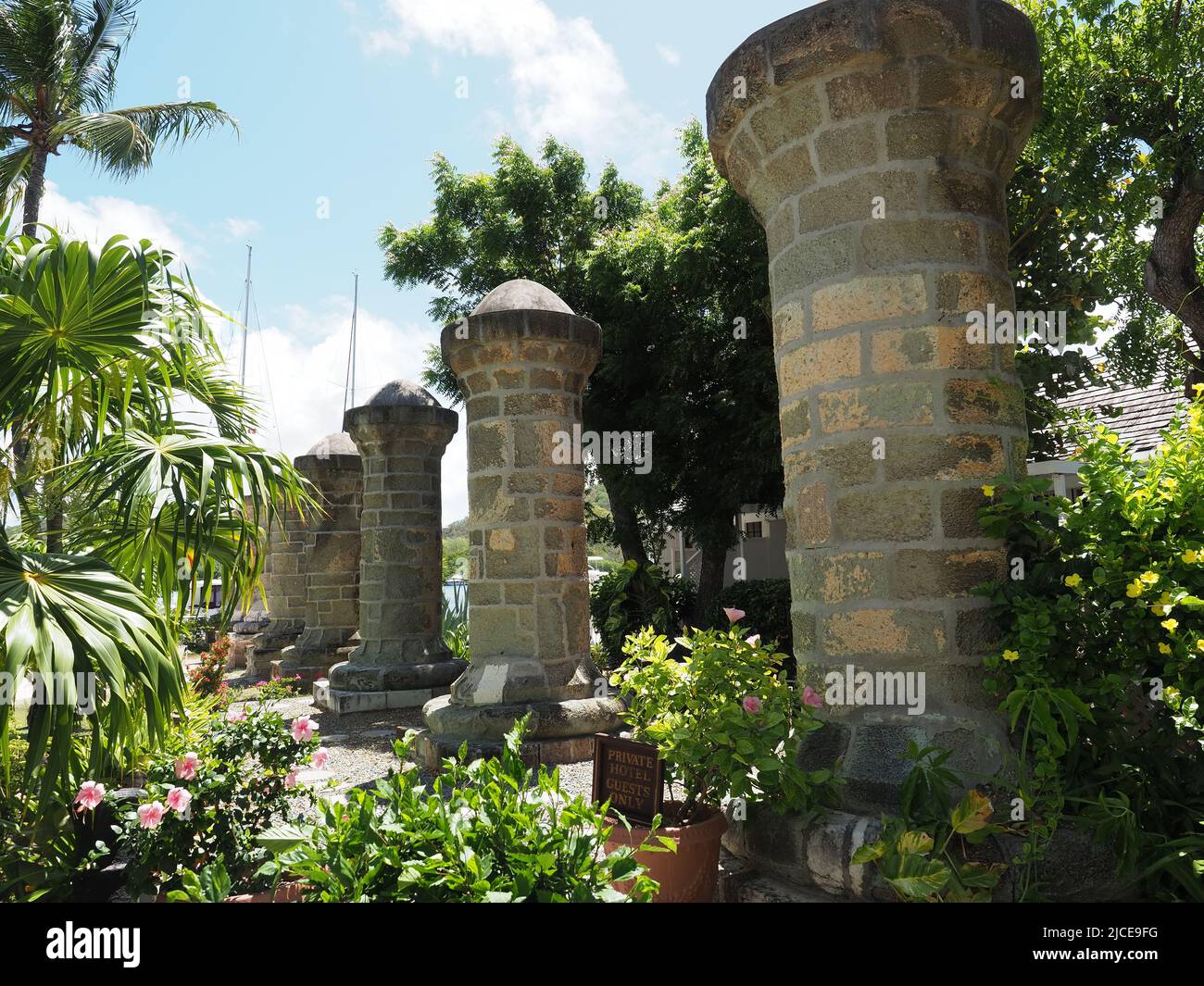 View of the old sail loft pillars at Nelson's Dockyard at English Harbour Antigua Stock Photo