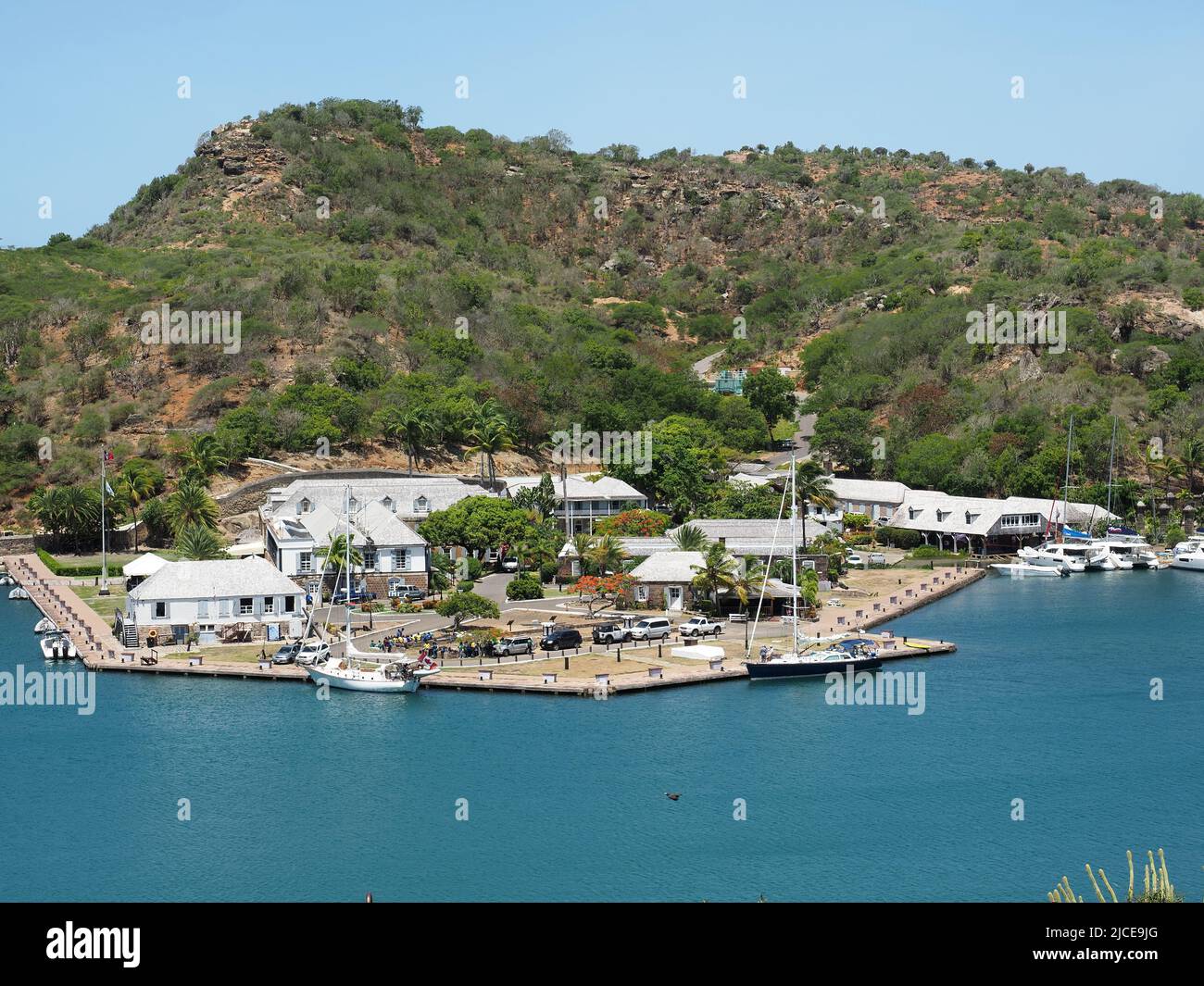 View looking down on Nelson's Dockyard in English Harbour Antigua Stock Photo