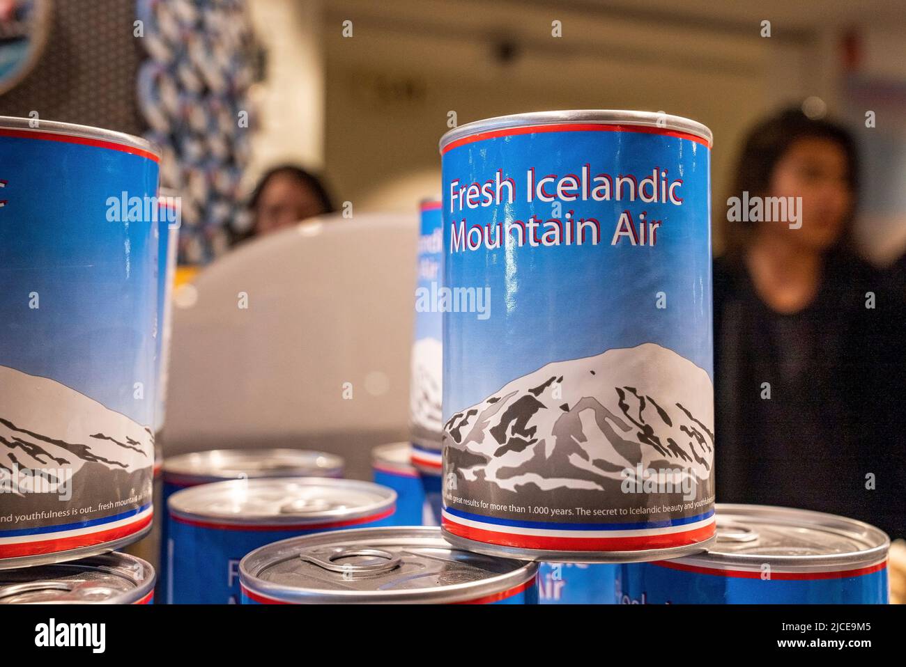 Pile of fresh Icelandic mountain air cans in shops at Alpine region Stock Photo