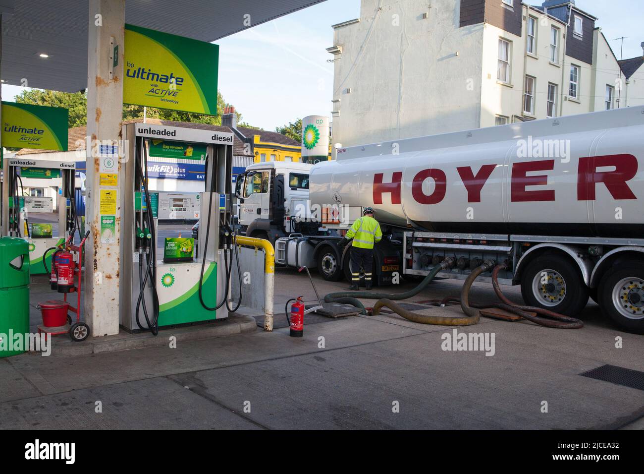 A road tanker delivers petrol to a BP garage in Brighton Stock Photo