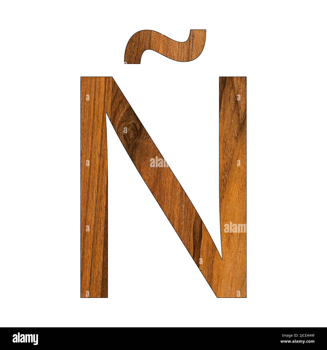 Letter Ñ in wood texture - White background Stock Photo