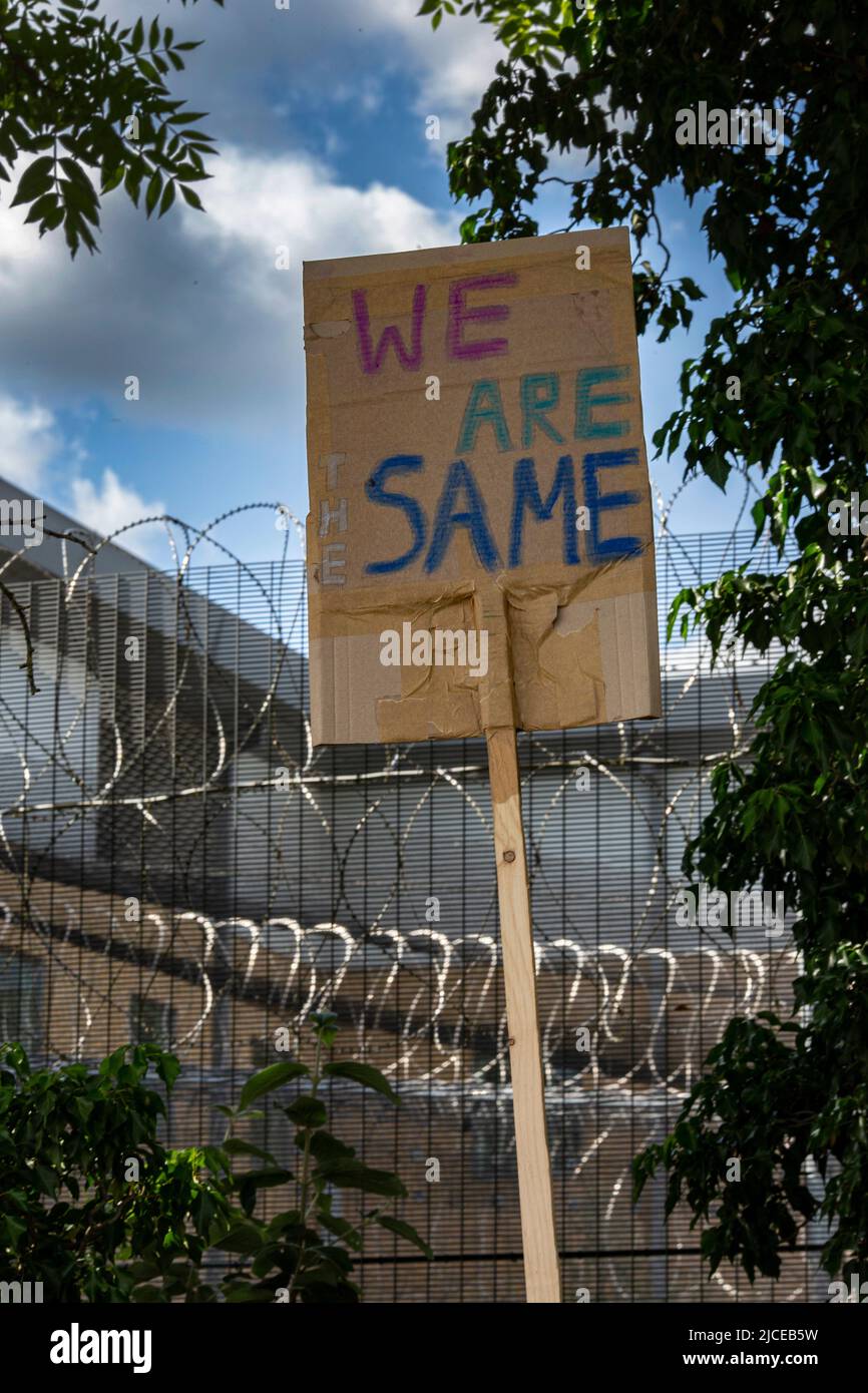 Placard against the UK deportation flights to Rwanda near Brook House Immigration Removal Centre on June 12, 2022 in London, England. Stock Photo