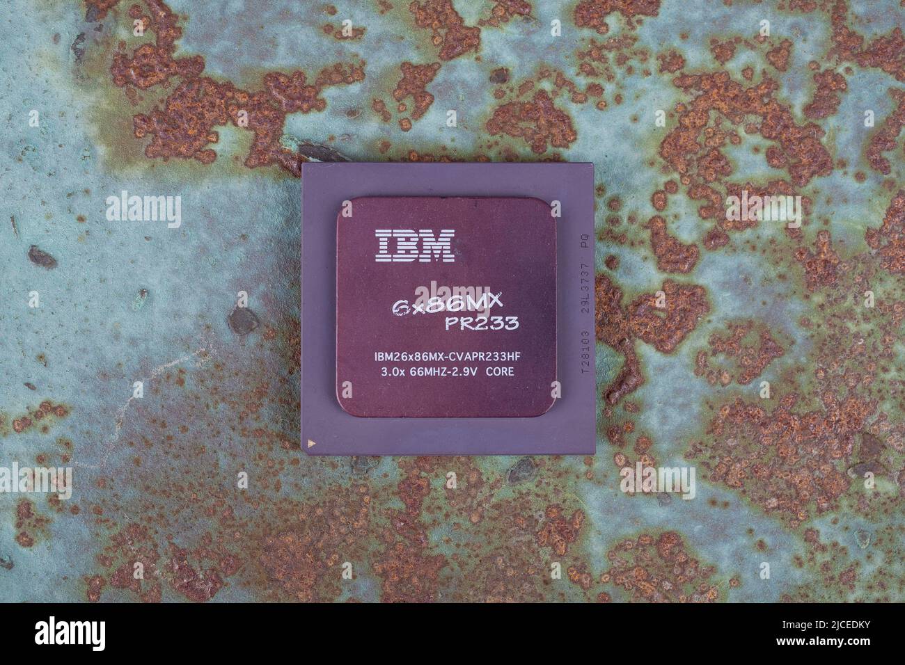 KYIV, UKRAINE - April 22, 2020. IBM 686MX PR300 processor on rusty ...