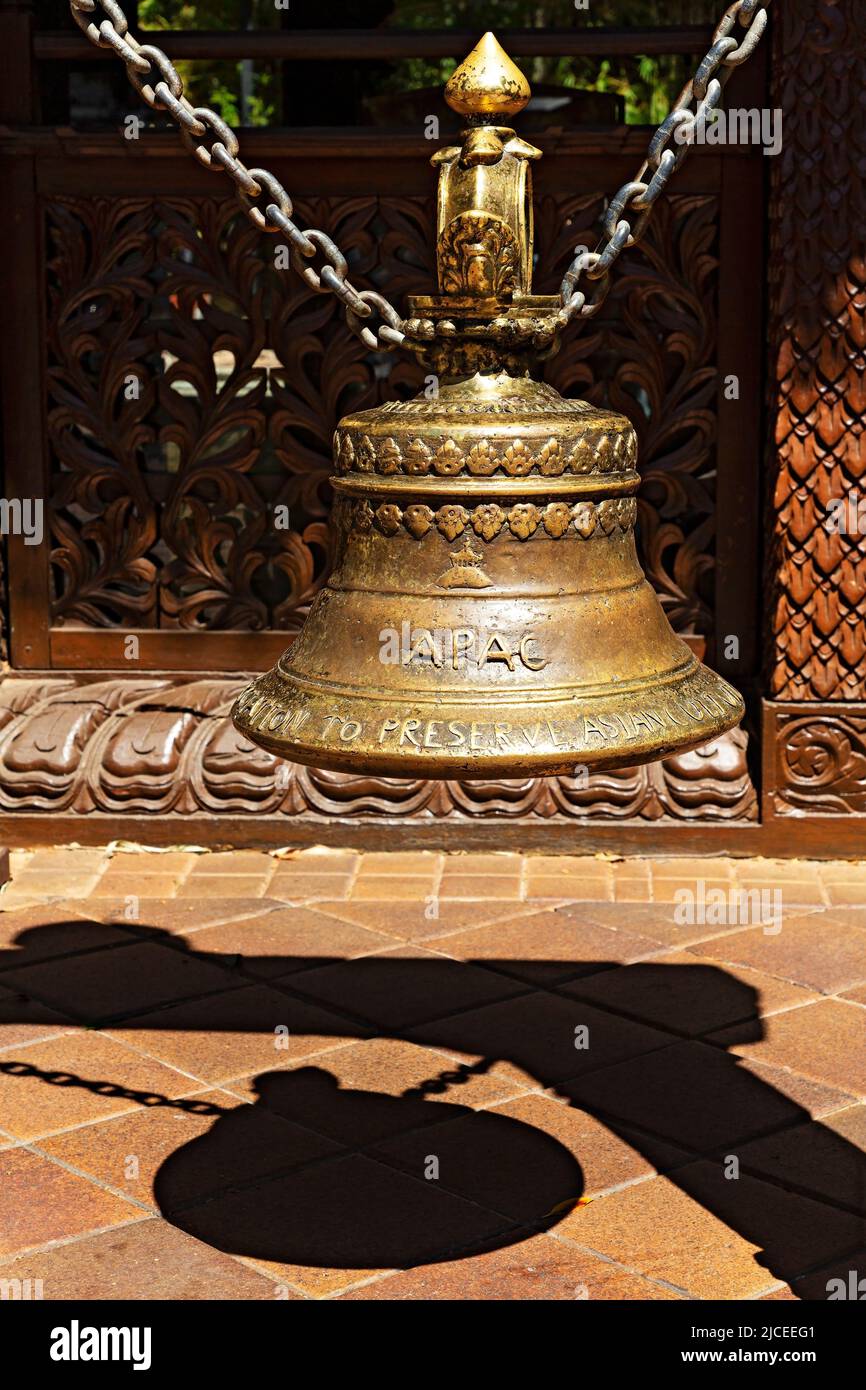Brisbane Australia /  The  APAC Brass Bell to honor and preserve Asian Culture at the Nepalese Peace Pagoda in South Bank Parklands. Stock Photo