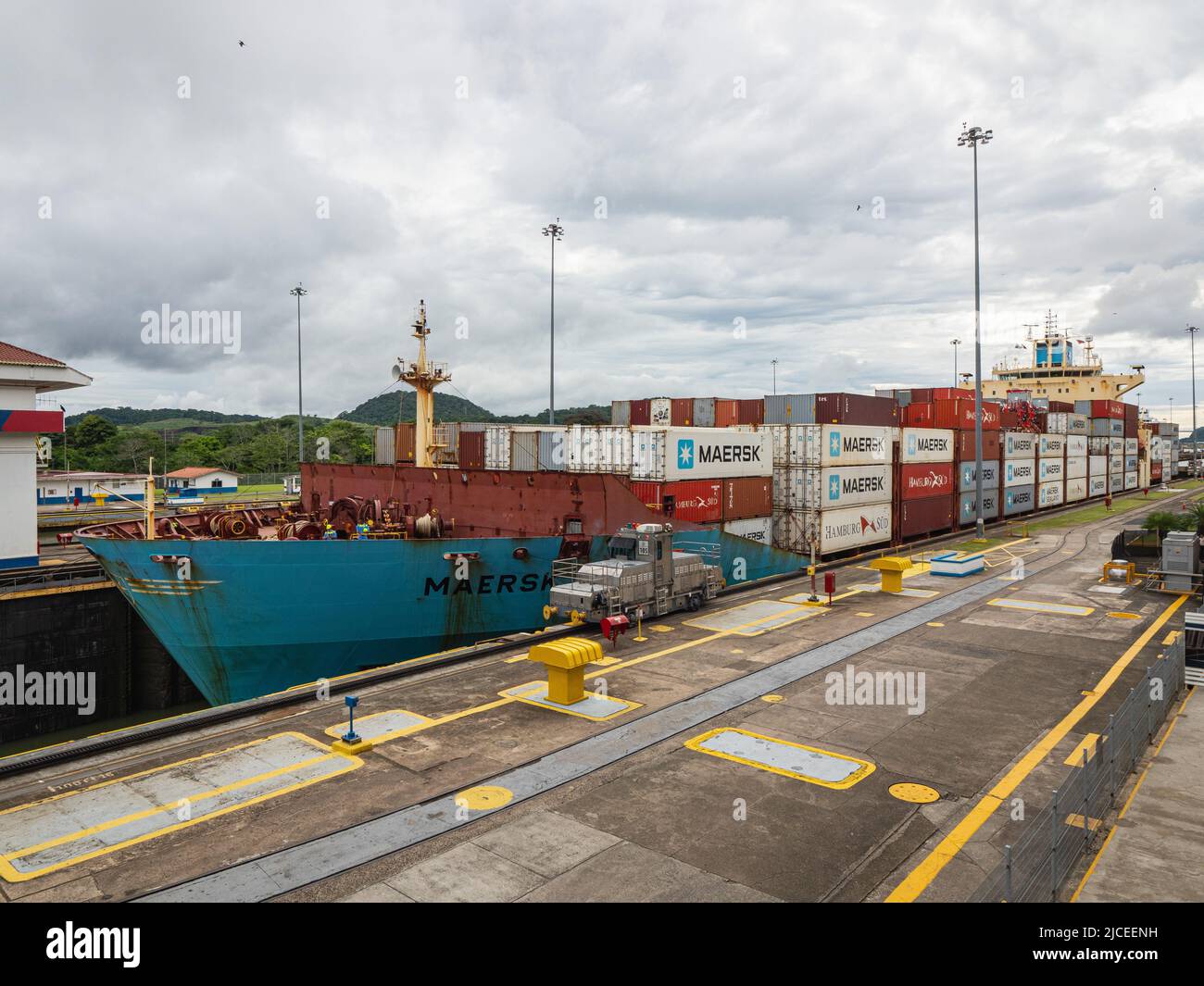 Panama Canal ships pass through locks Stock Photo