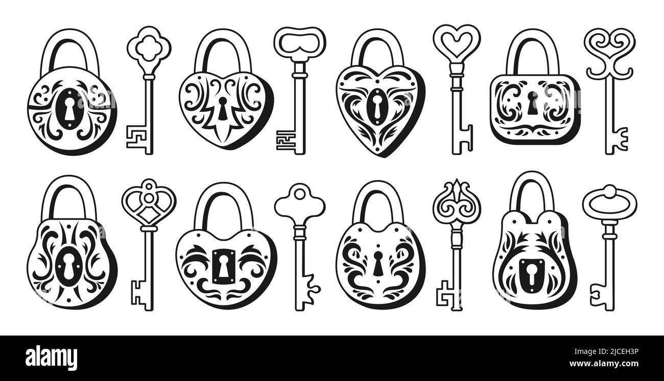Lock and Key retro cartoon icon set. Old doodle padlock for safety and security protection vintage design element. Private access symbol keys and locks for logo, game, web app ui sign locking privacy Stock Vector