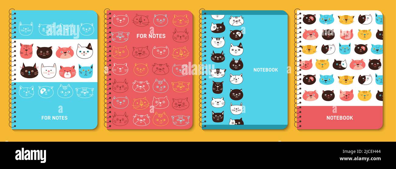 Cat emotion faces trendy cover set. Cute kitten kawaii line design for