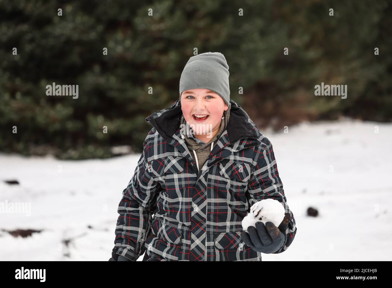 Happy boy playing in snowy winter wonderland snowball fight Stock Photo
