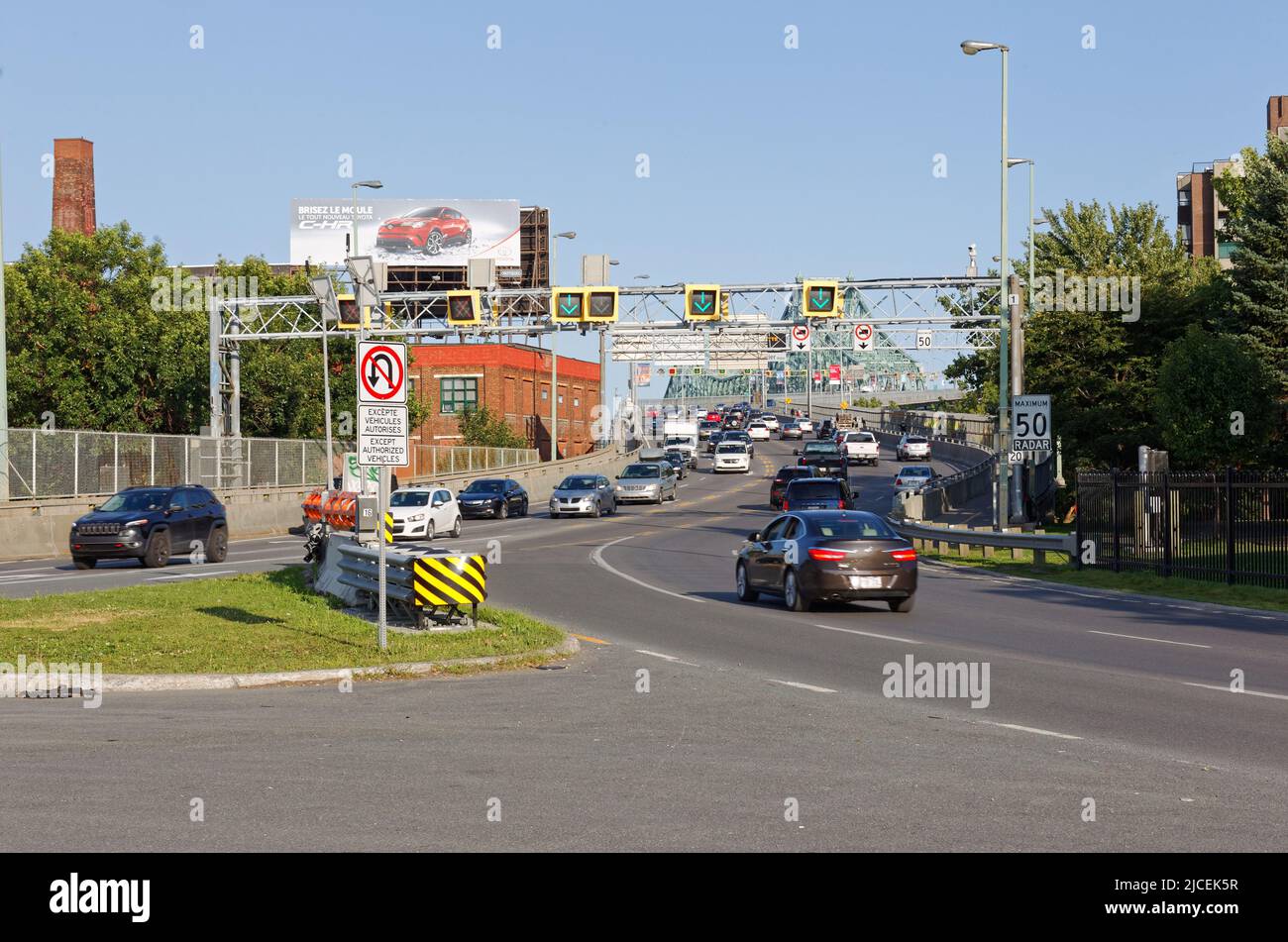 Traffic on the bridge ramp to the Jacques-Cartier bridge in Montreal. Quebec, Canada Stock Photo