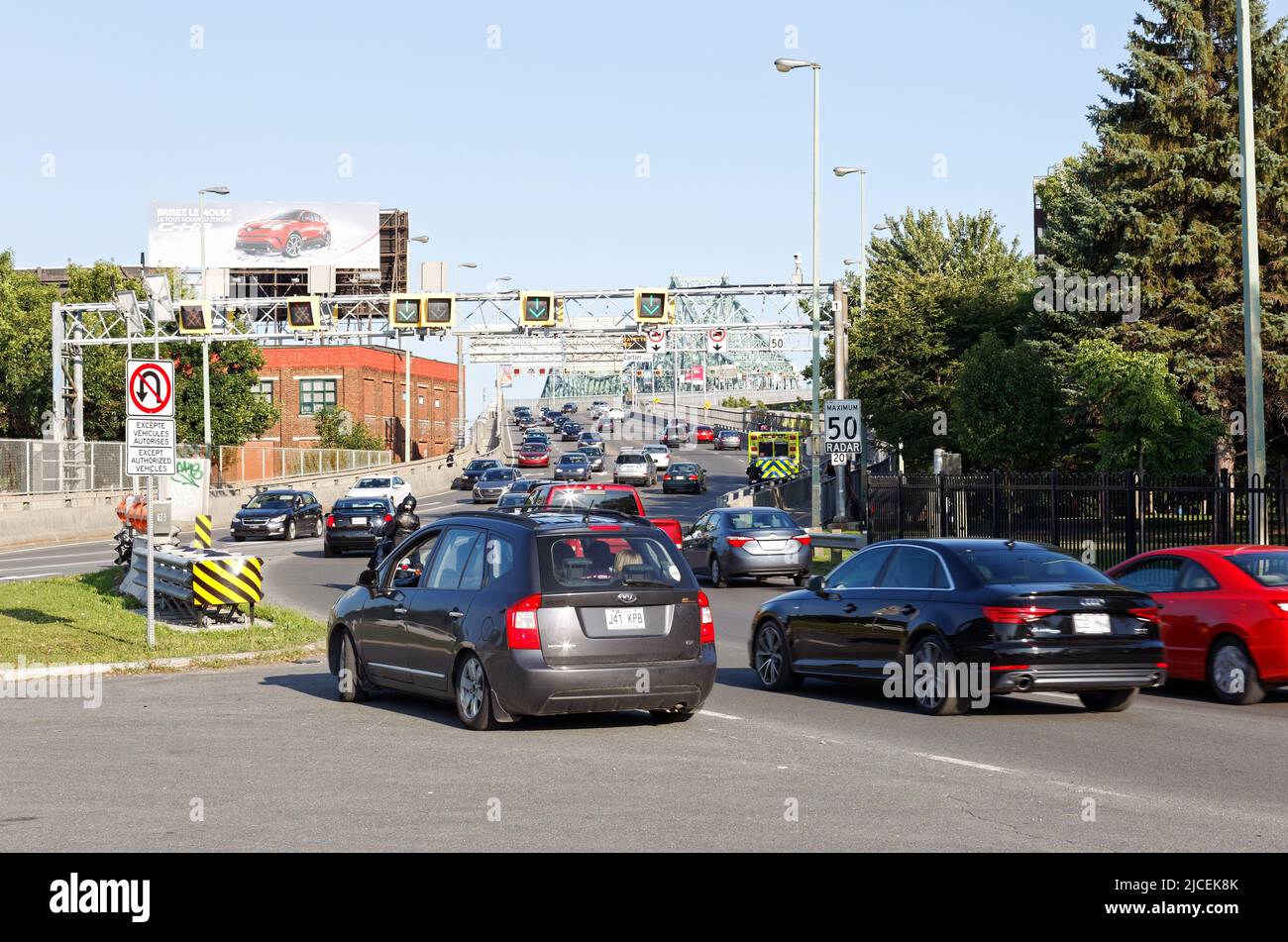 Traffic on the bridge ramp to the Jacques-Cartier bridge in Montreal. Quebec, Canada Stock Photo